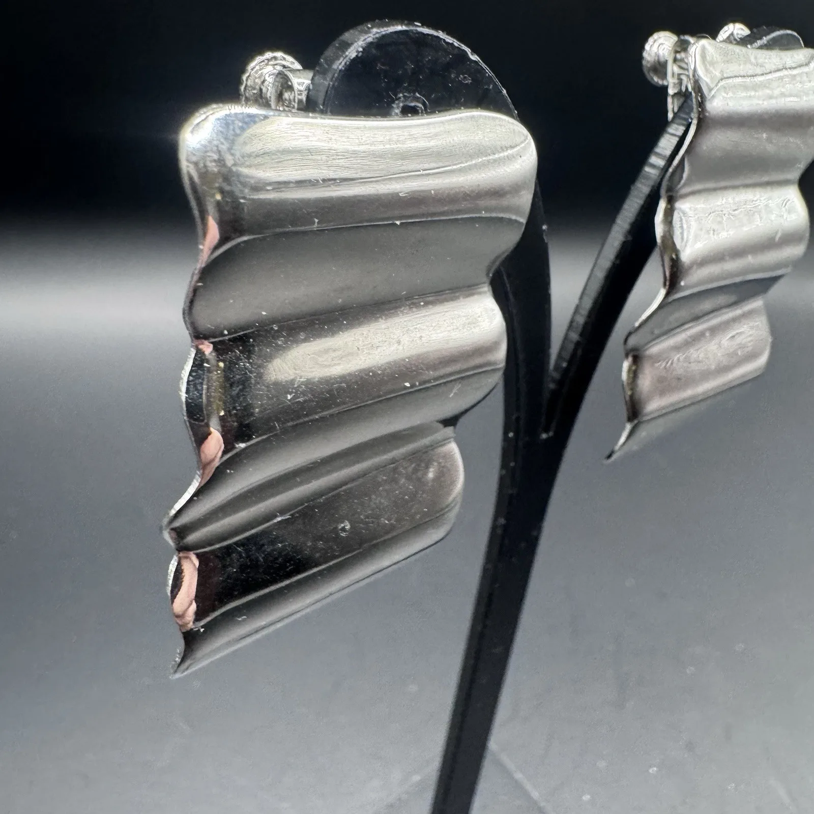 Large Silver Ripple Effect Rectangle Screw Back Earrings