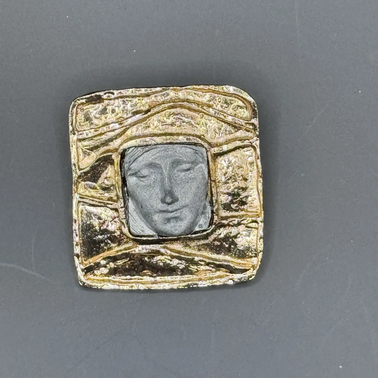 Vintage Gold Tone and Pewter Brooch with Face - Art Jewelry