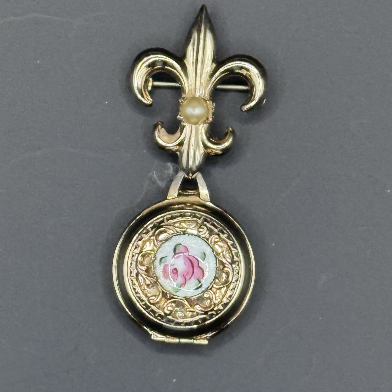 Vintage Fleur de Lis Locket Brooch with Faux Pearl & Rose Enamel