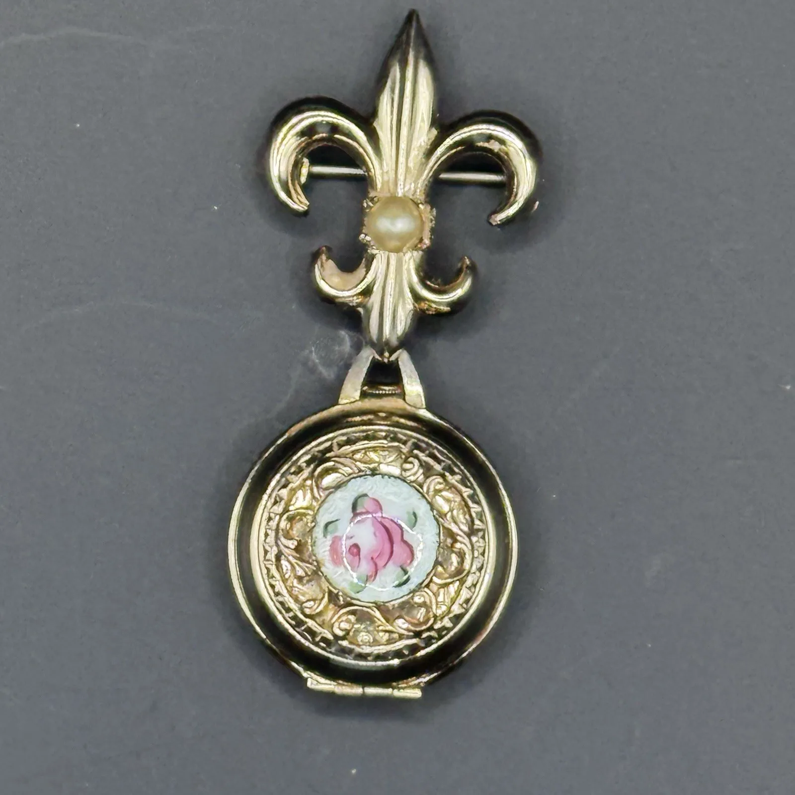 Vintage Fleur de Lis Locket Brooch with Faux Pearl & Rose Enamel