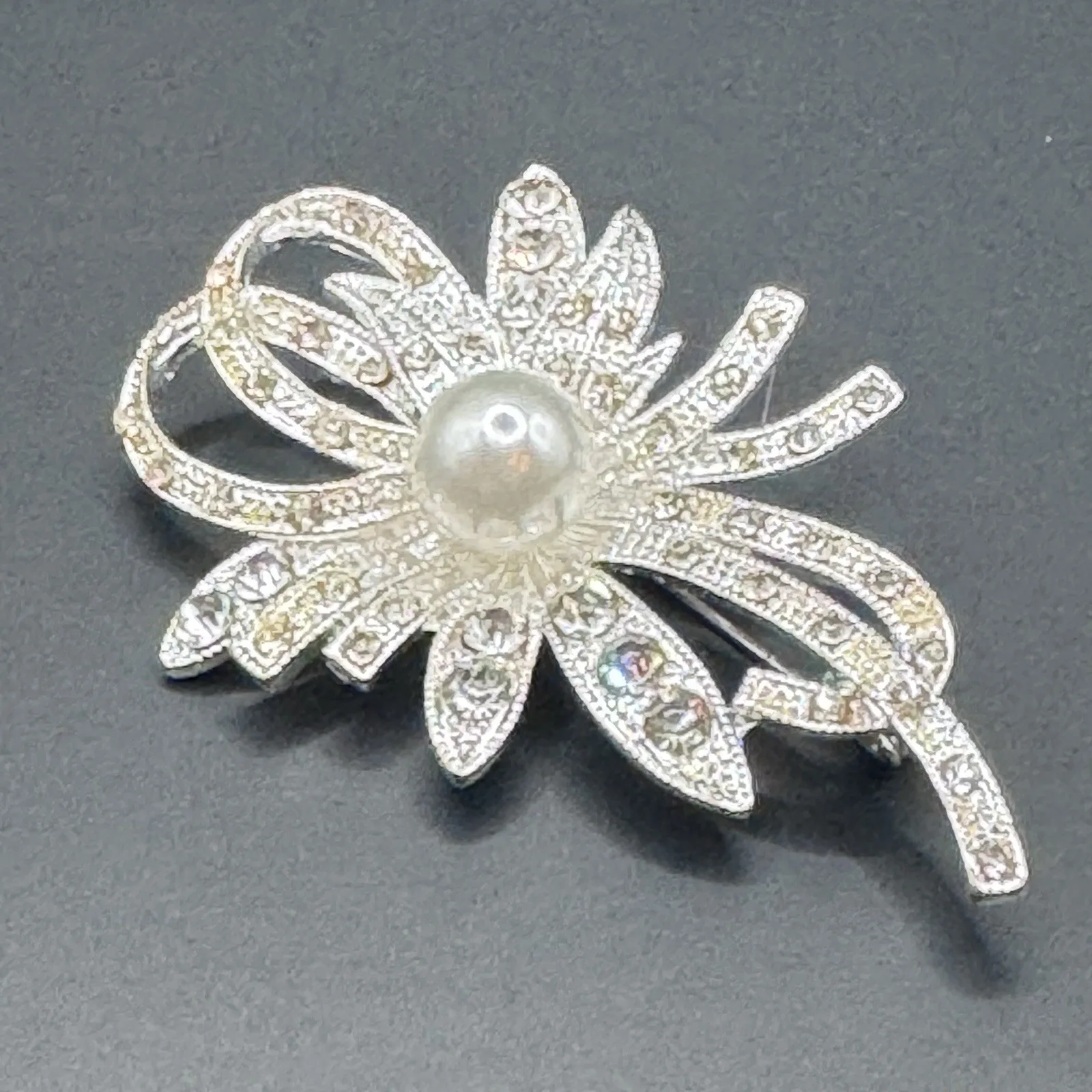 Vintage Pot Metal Rhinestone & Faux Pearl Flower Brooch