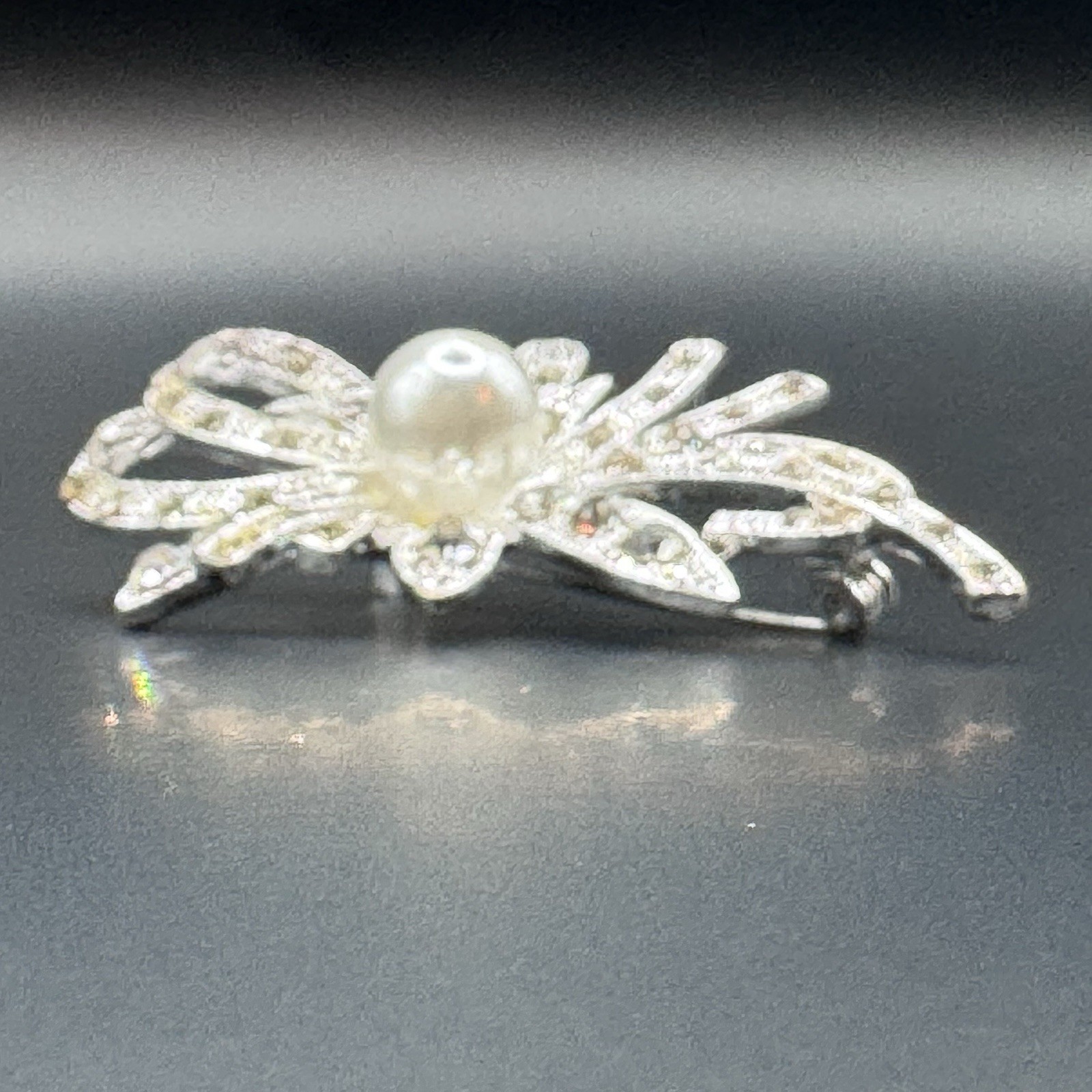 Vintage Pot Metal Rhinestone & Faux Pearl Flower Brooch - photo 2