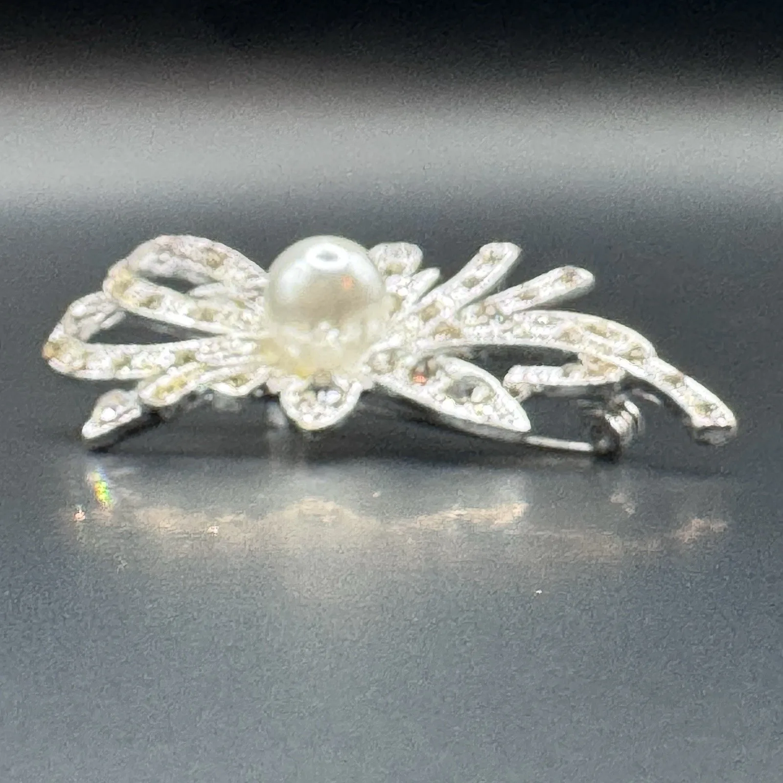 Vintage Pot Metal Rhinestone & Faux Pearl Flower Brooch - photo 2
