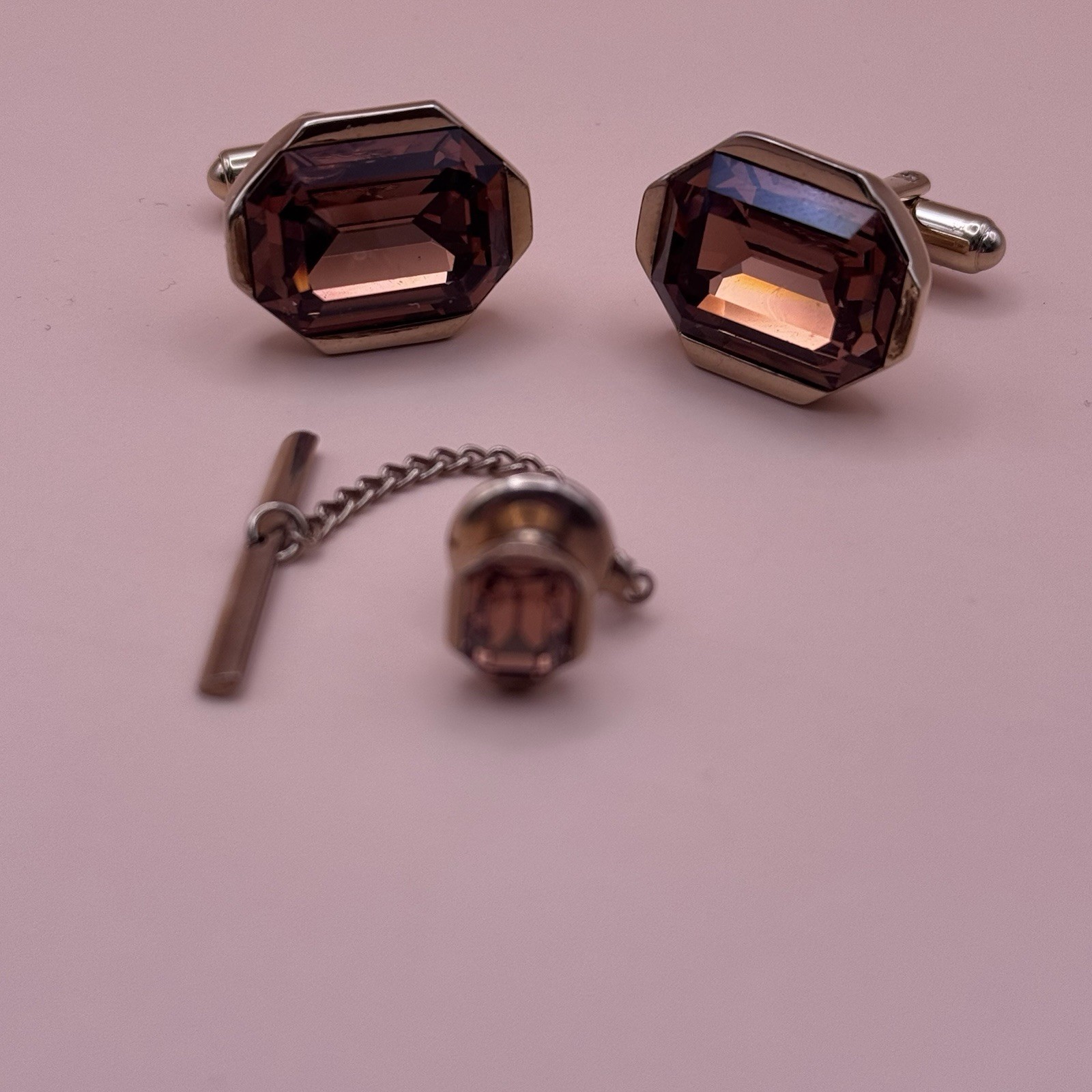 Vintage Signed Swank Cufflinks and Pin Set - Cognac Crystal