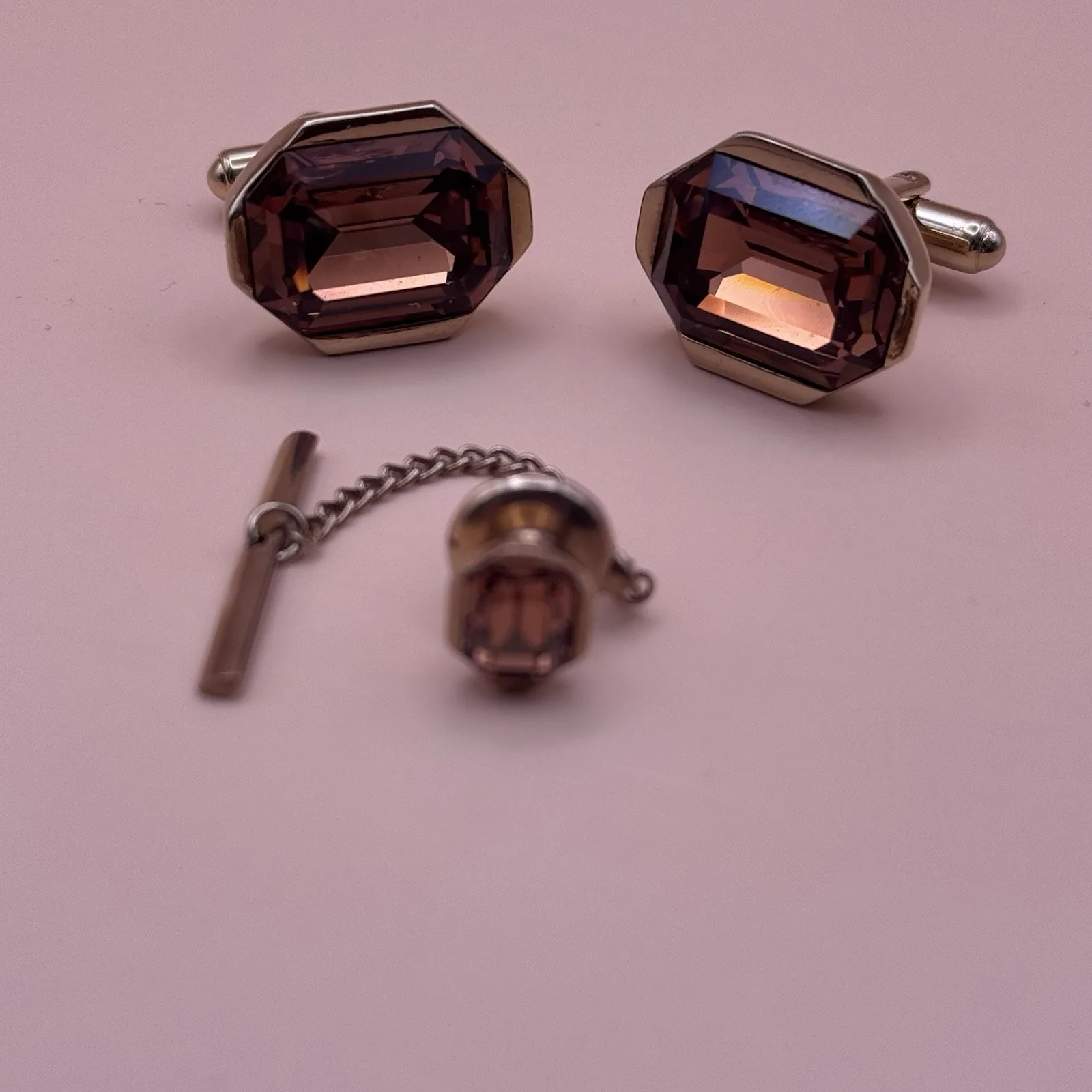 Vintage Signed Swank Cufflinks and Pin Set - Cognac Crystal