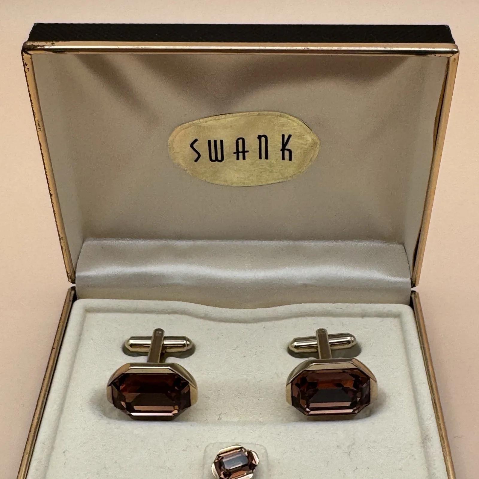 Vintage Signed Swank Cufflinks and Pin Set - Cognac Crystal - photo 2