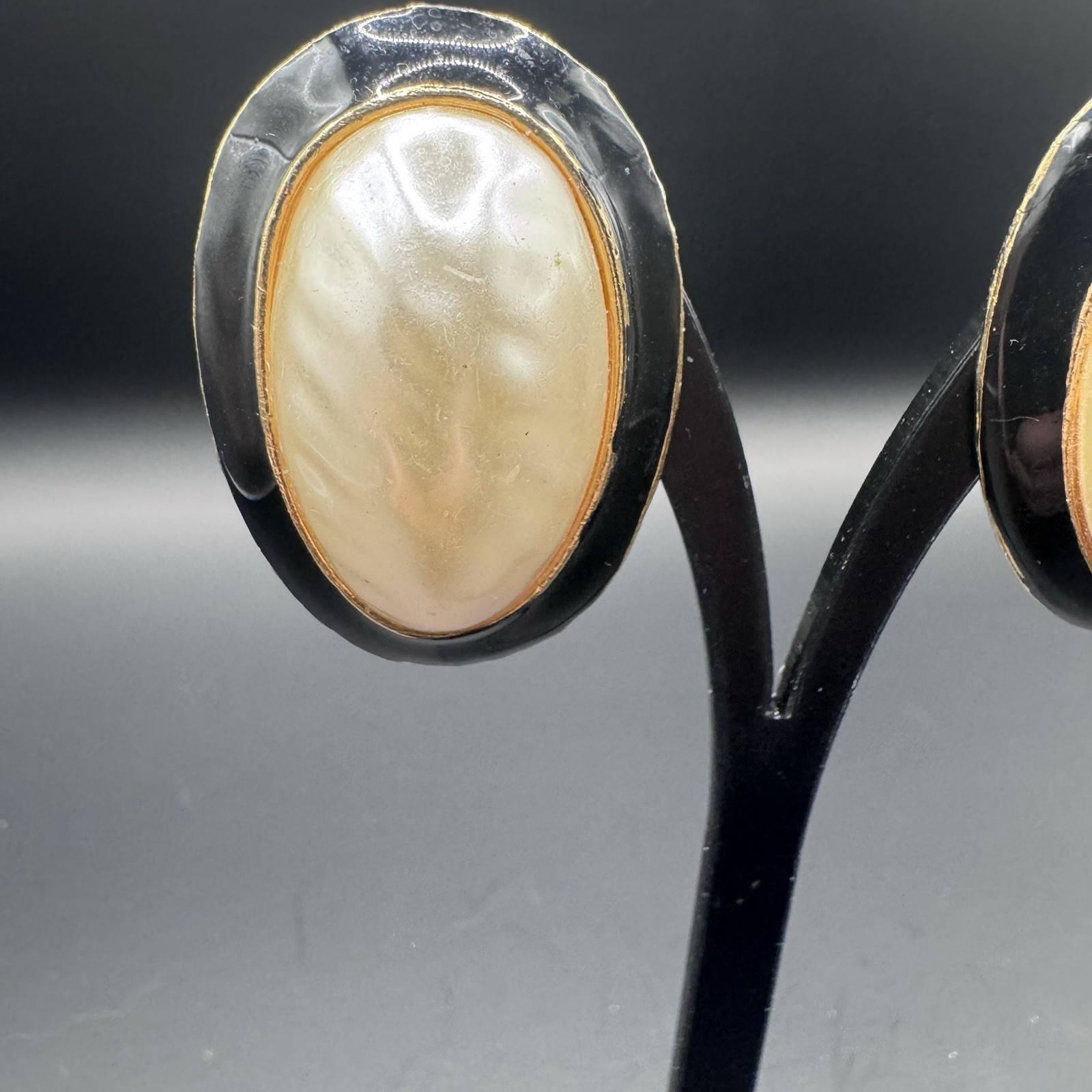 Large Black Enamel & Faux Pearl Statement Clip-On Earrings