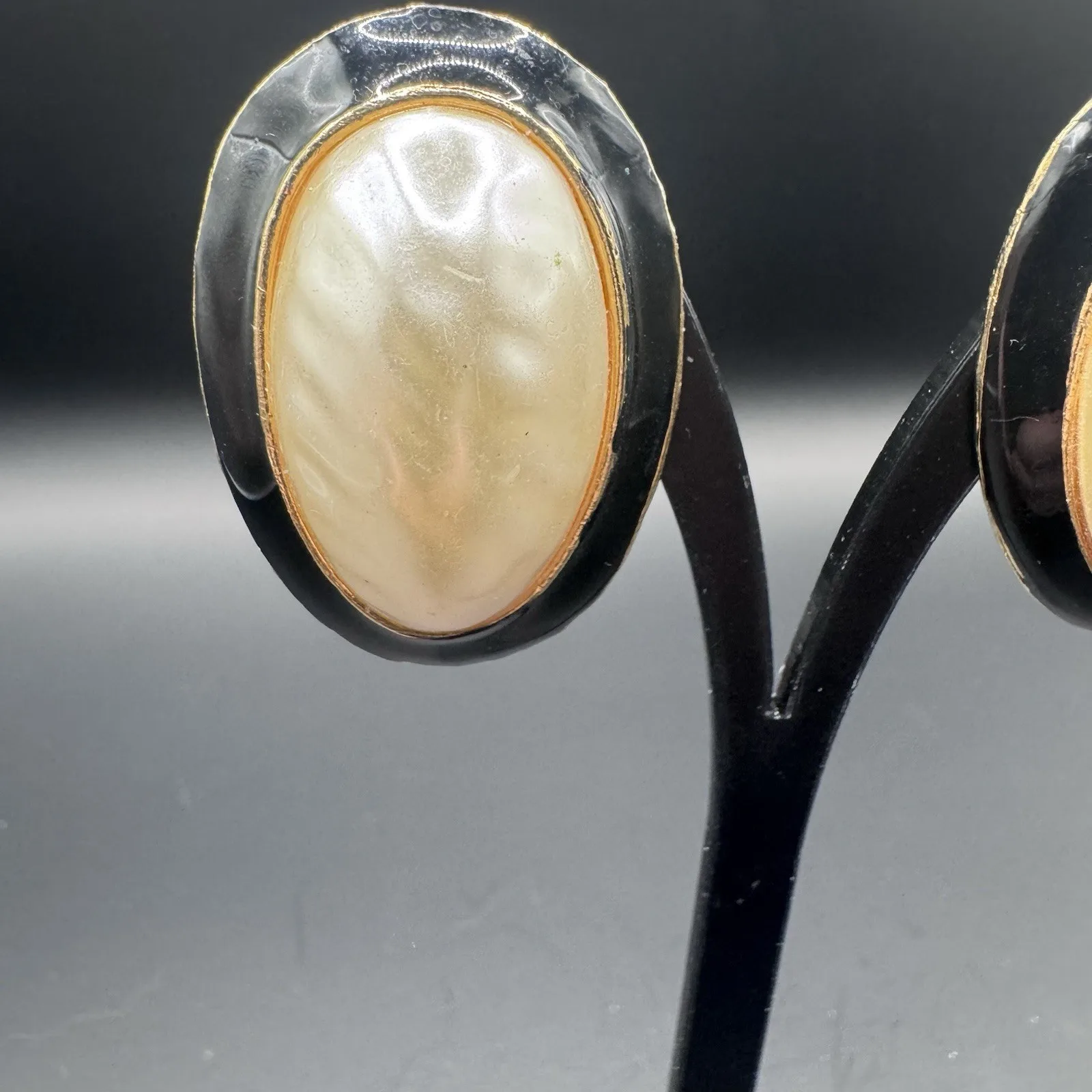 Large Black Enamel & Faux Pearl Statement Clip-On Earrings