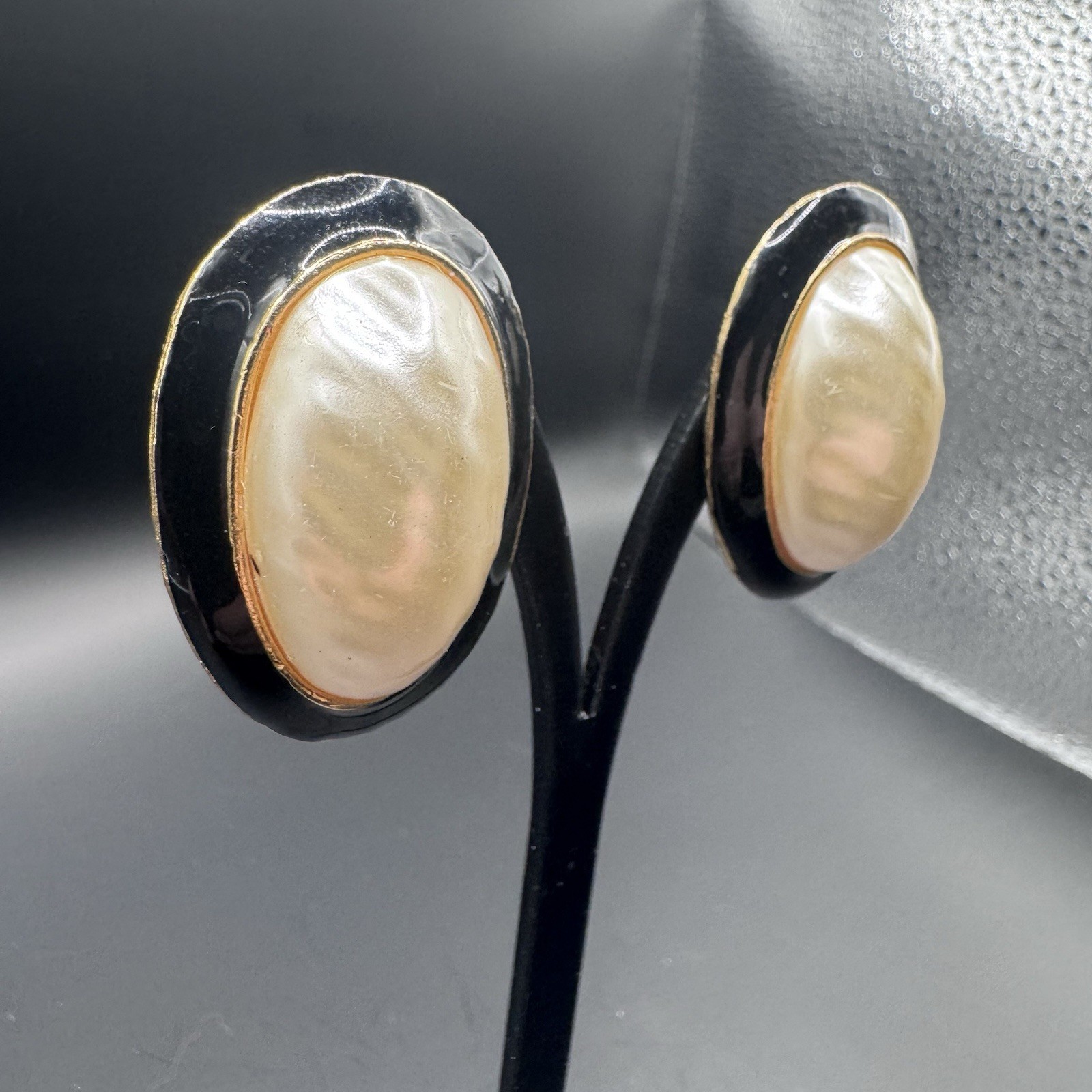 Large Black Enamel & Faux Pearl Statement Clip-On Earrings - photo 2