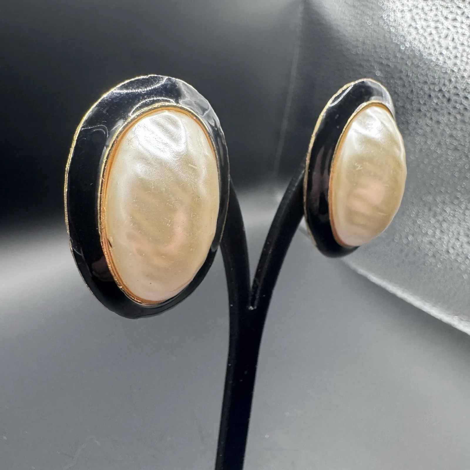 Large Black Enamel & Faux Pearl Statement Clip-On Earrings - photo 2