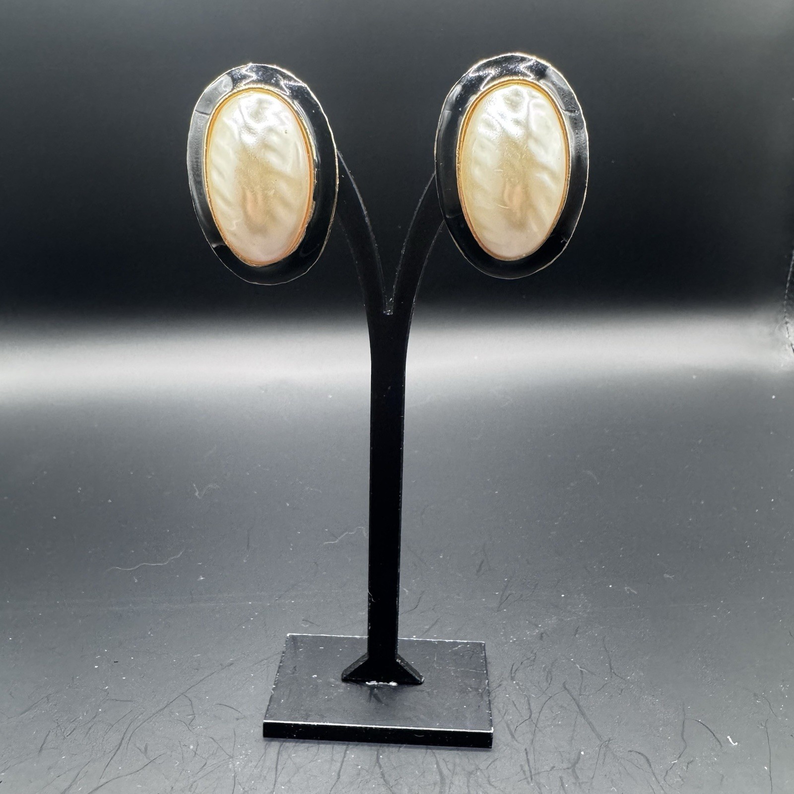 Large Black Enamel & Faux Pearl Statement Clip-On Earrings - photo 3
