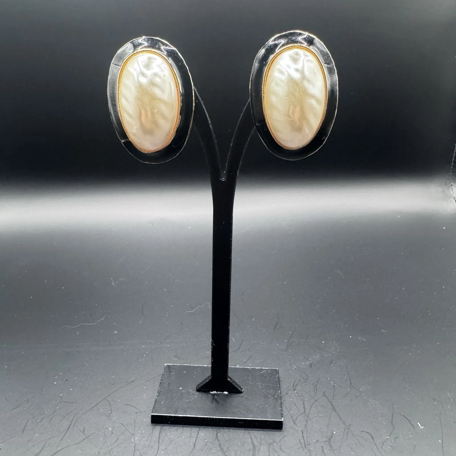 Large Black Enamel & Faux Pearl Statement Clip-On Earrings - photo 3