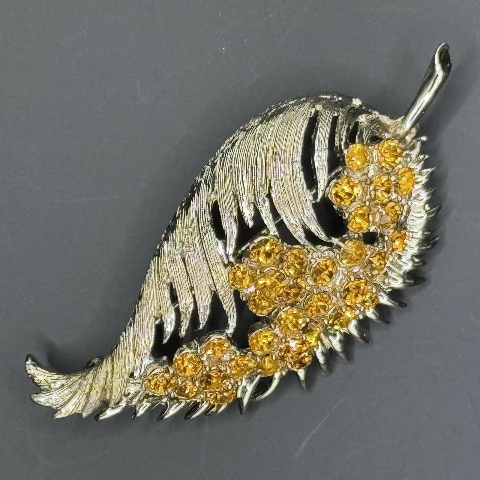 Signed Coro Vintage Gold Tone Leaf Brooch w/ Amber Rhinestones