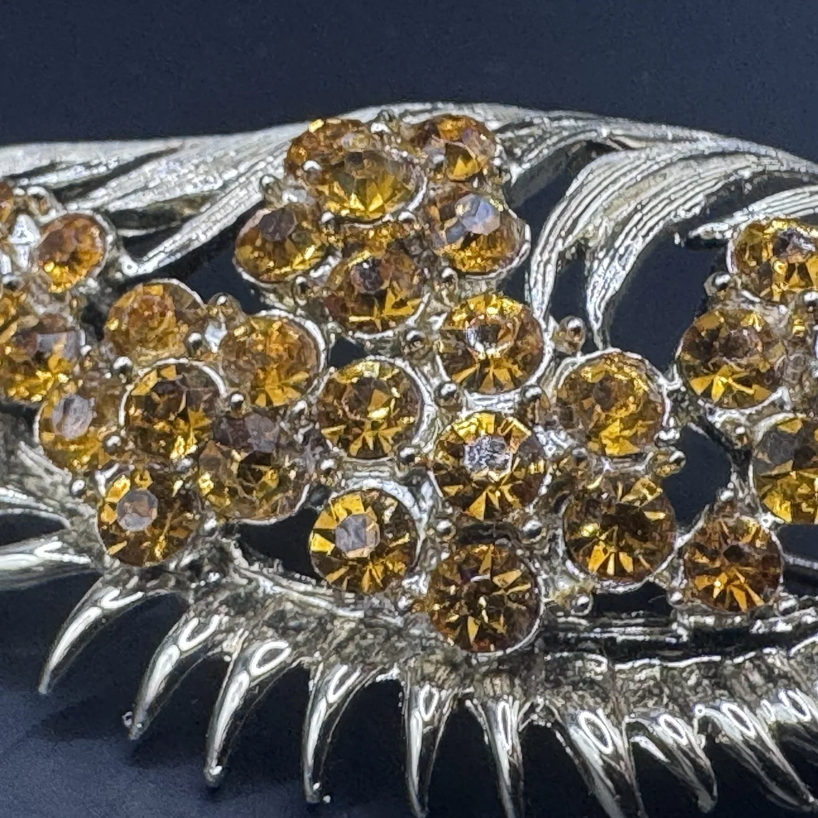 Signed Coro Vintage Gold Tone Leaf Brooch w/ Amber Rhinestones - photo 3