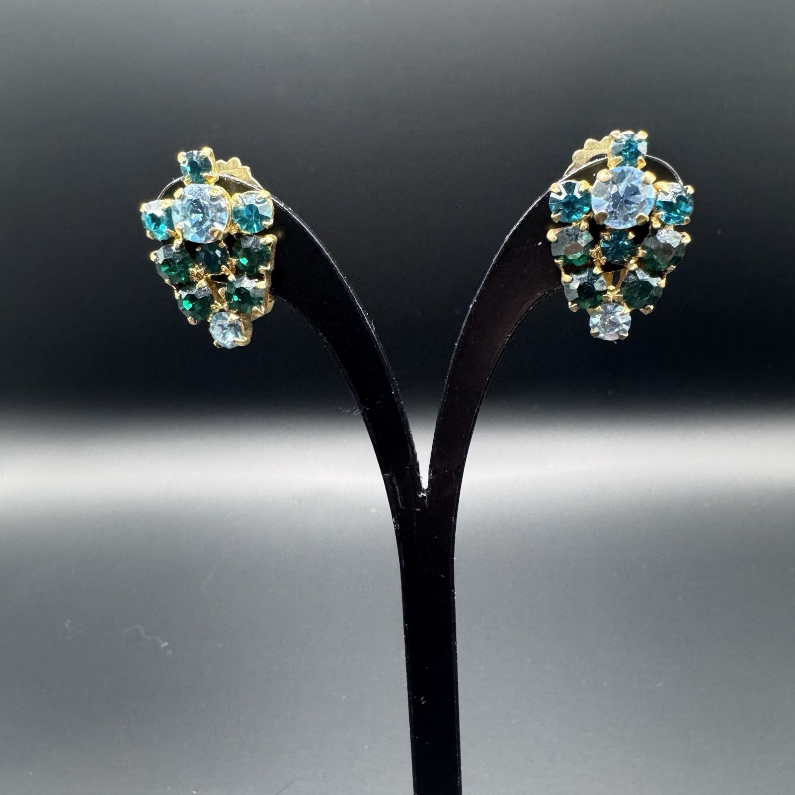 Vintage Austrian Crystal Clip-On Earrings - Green & Blue, Gold T