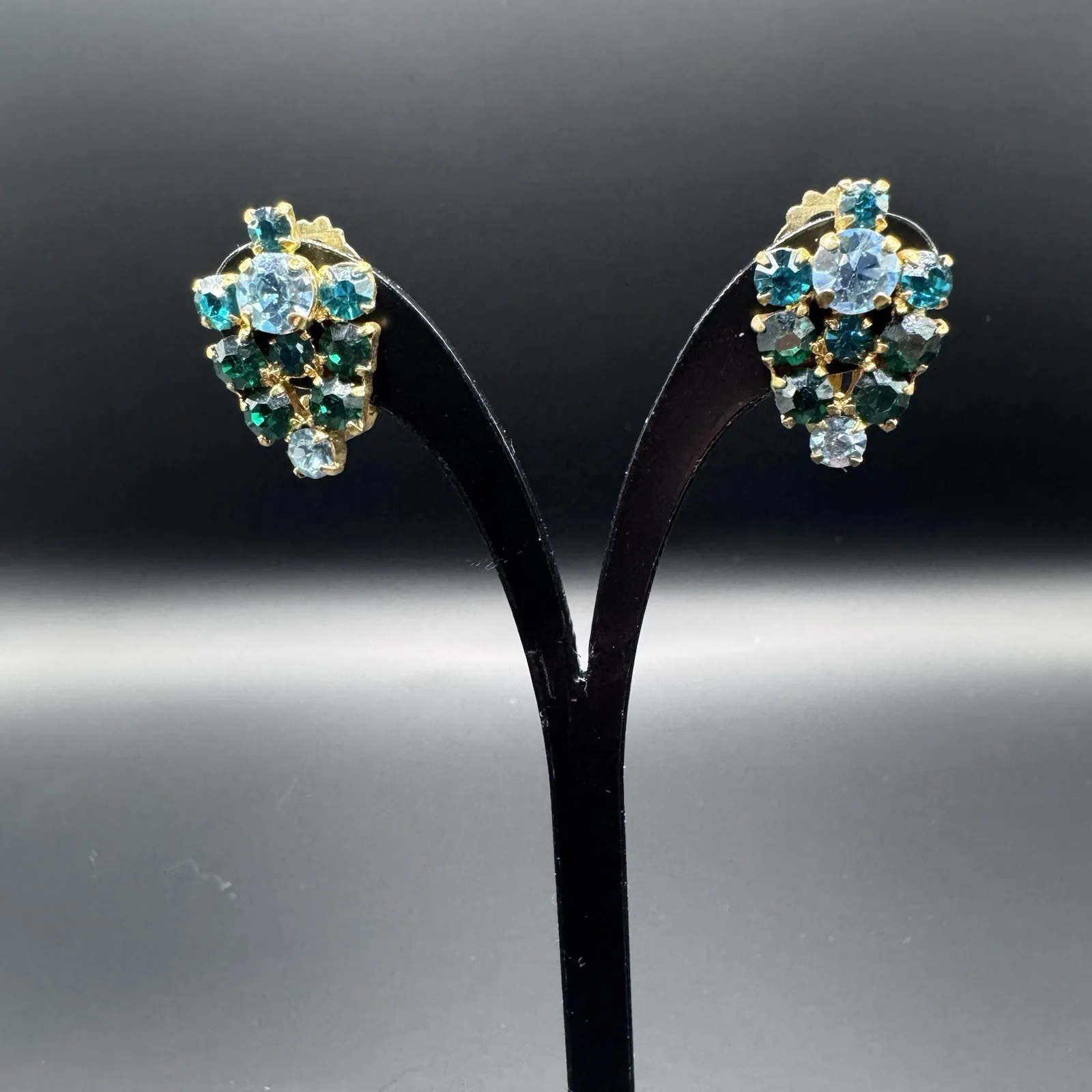Vintage Austrian Crystal Clip-On Earrings - Green & Blue, Gold T
