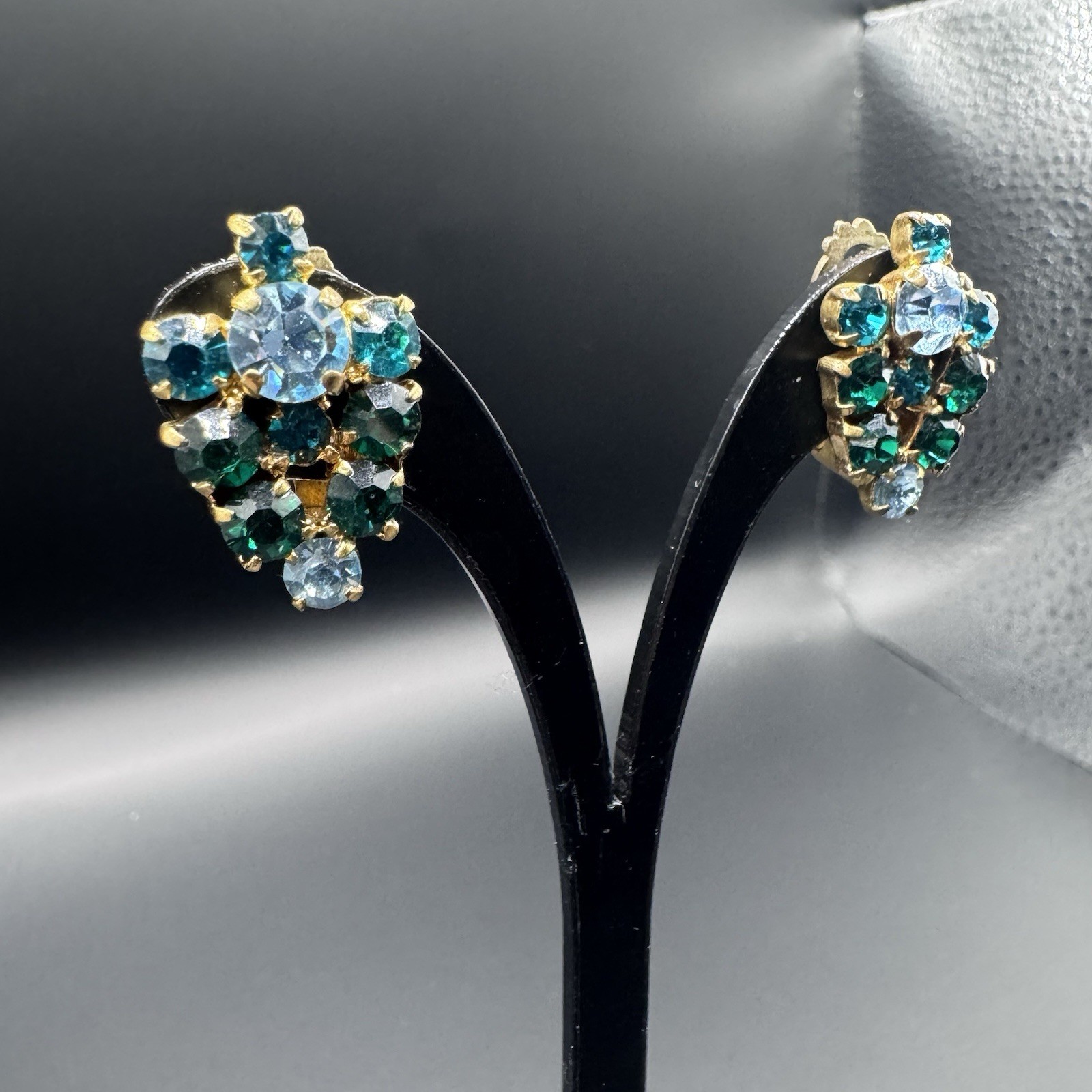 Vintage Austrian Crystal Clip-On Earrings - Green & Blue, Gold T - photo 2