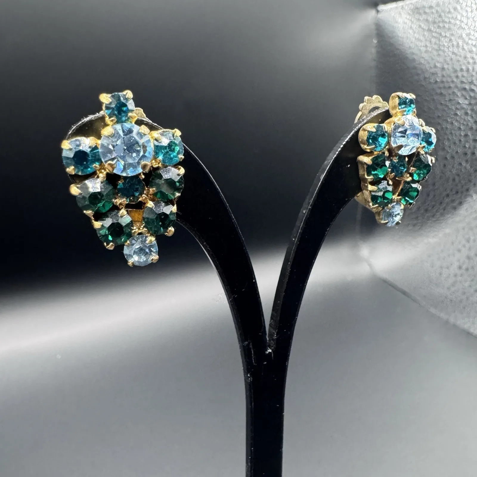 Vintage Austrian Crystal Clip-On Earrings - Green & Blue, Gold T - photo 2