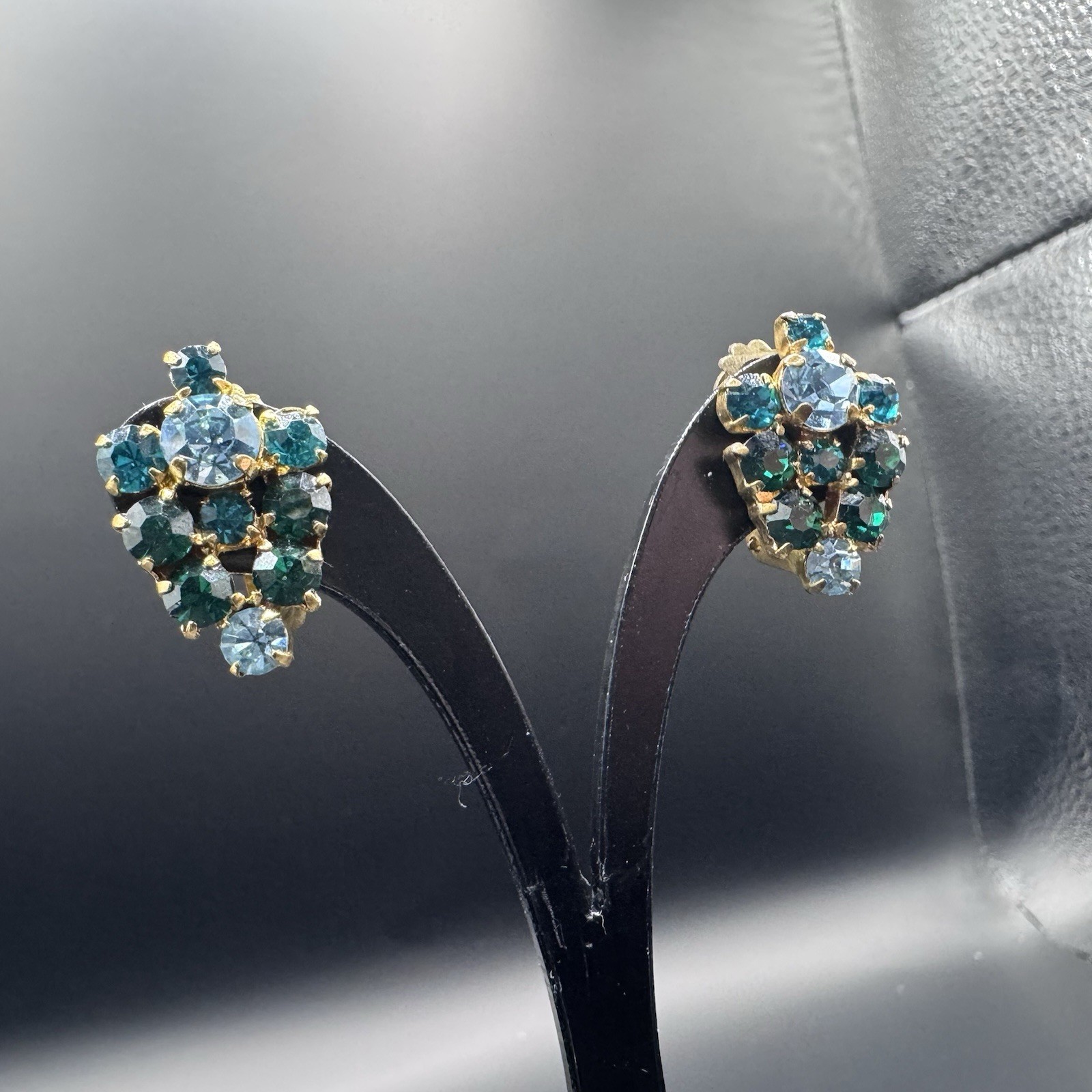 Vintage Austrian Crystal Clip-On Earrings - Green & Blue, Gold T - photo 3