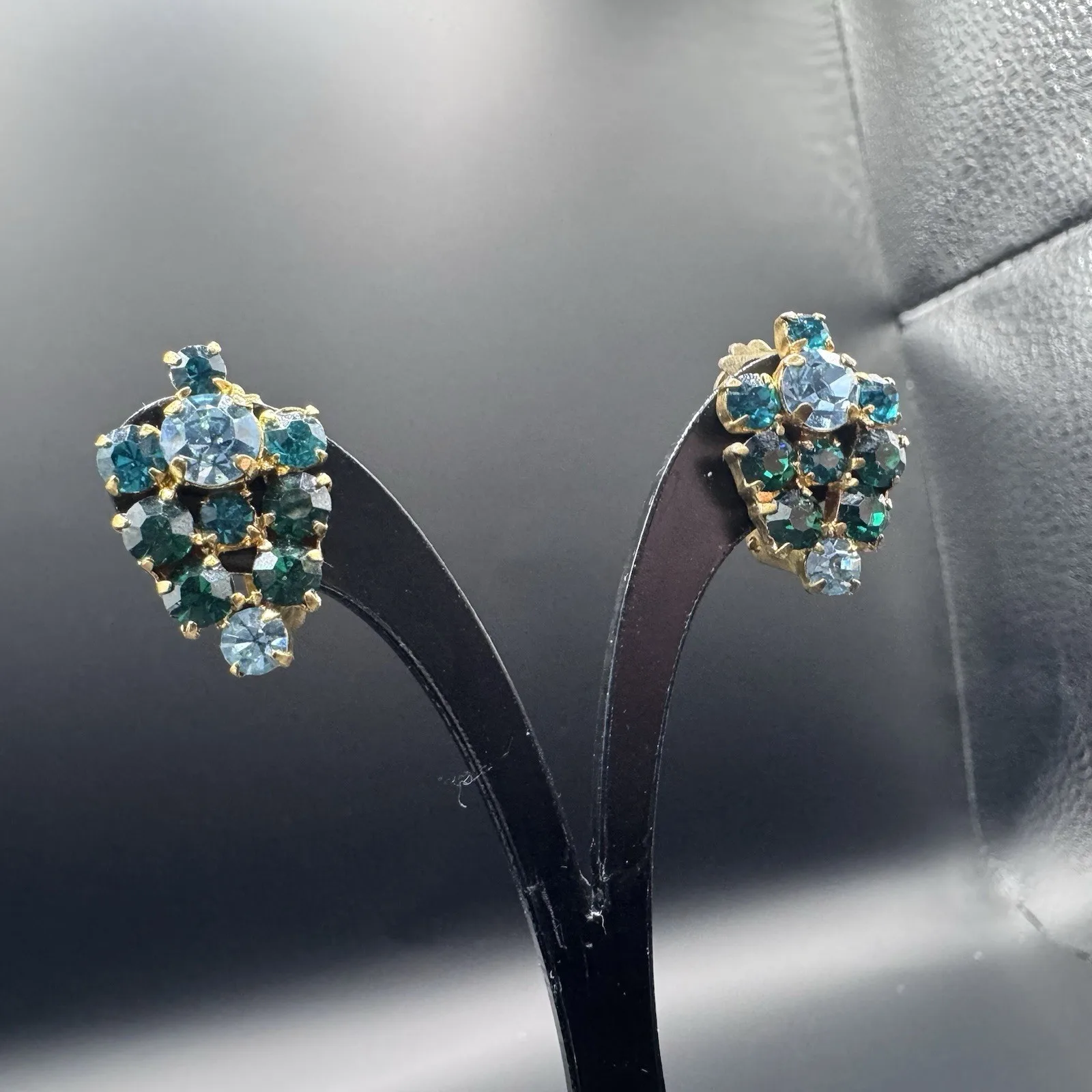 Vintage Austrian Crystal Clip-On Earrings - Green & Blue, Gold T - photo 3