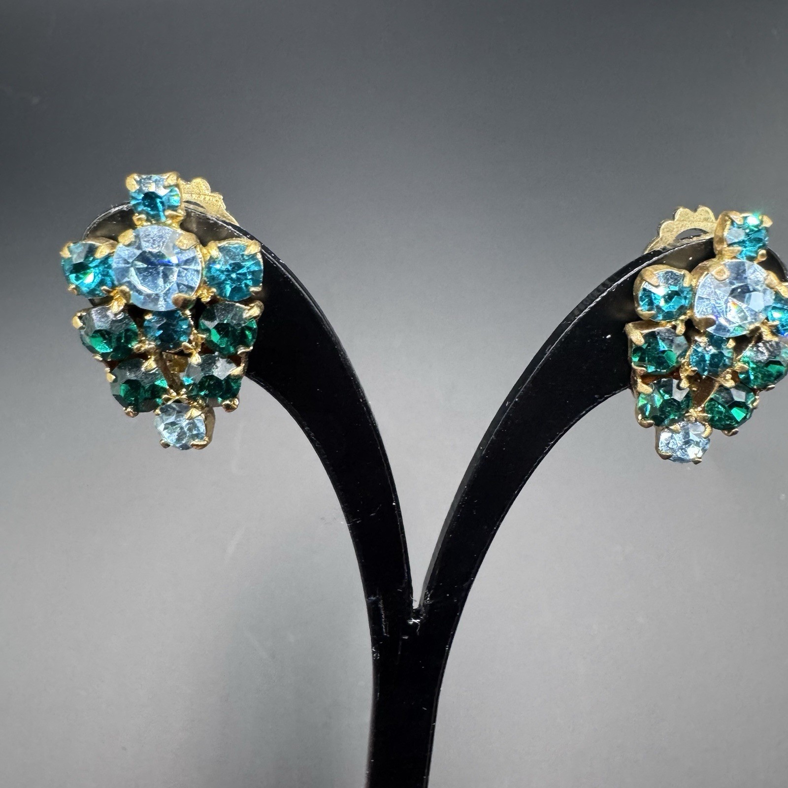 Vintage Austrian Crystal Clip-On Earrings - Green & Blue, Gold T - photo 4