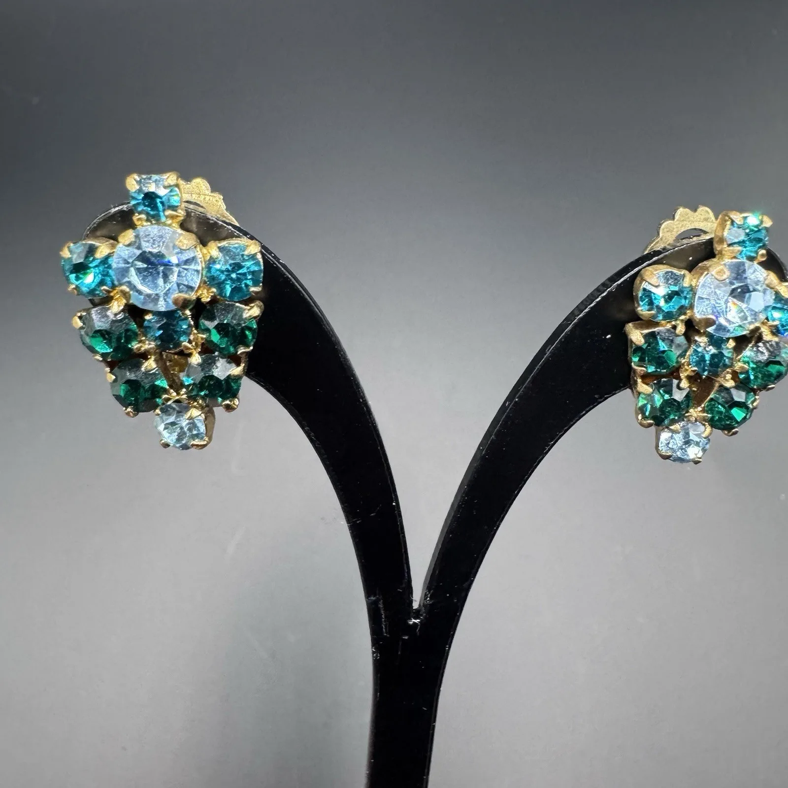Vintage Austrian Crystal Clip-On Earrings - Green & Blue, Gold T - photo 4