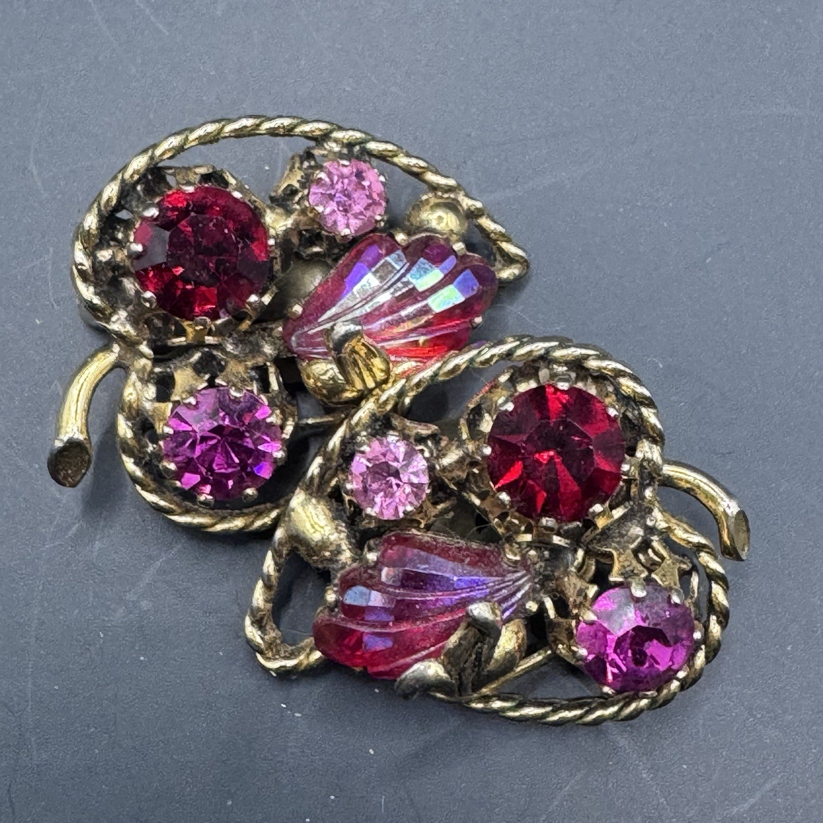 Vintage Austria Rhinestone Clip On Earrings - Hot Pink & Red