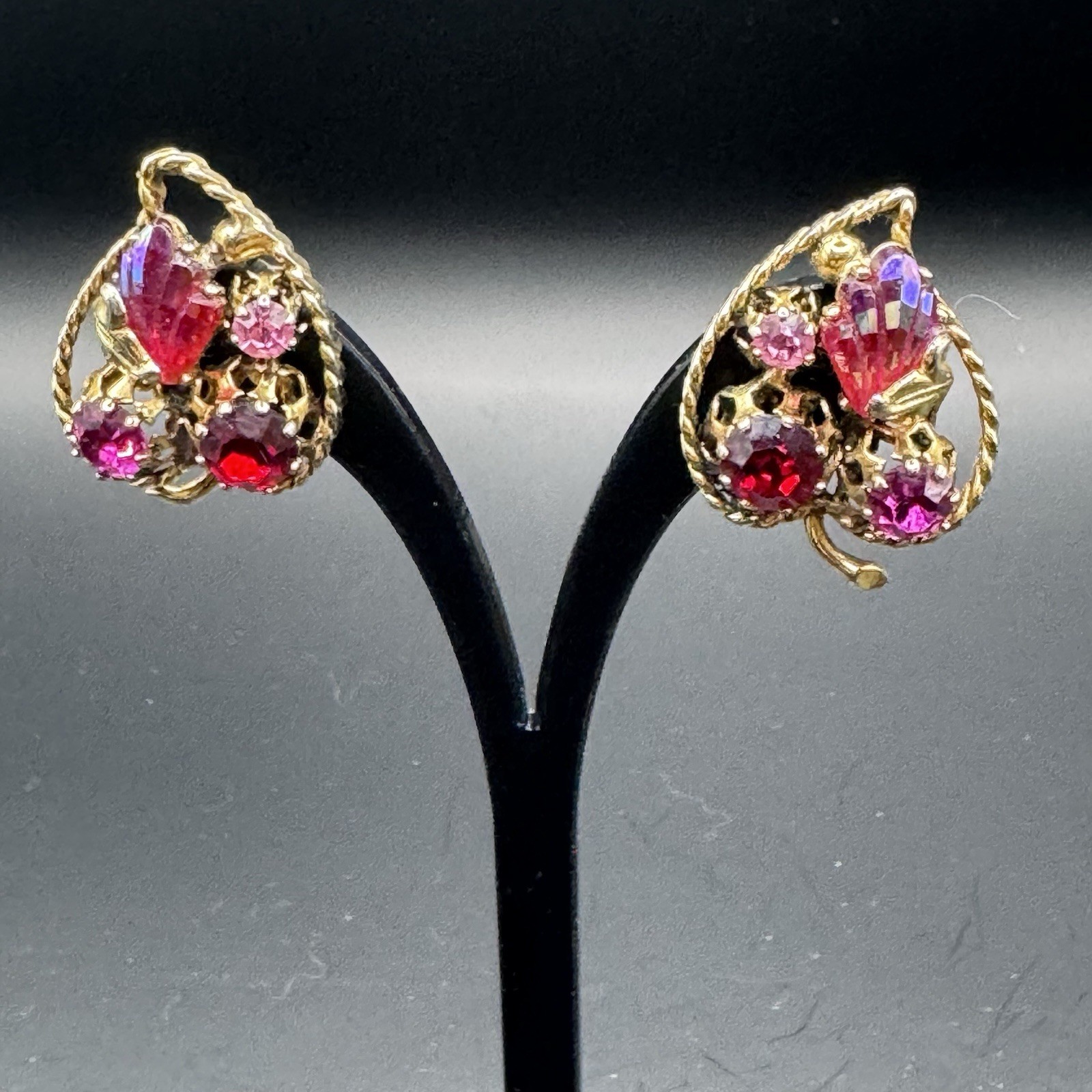 Vintage Austria Rhinestone Clip On Earrings - Hot Pink & Red - photo 4