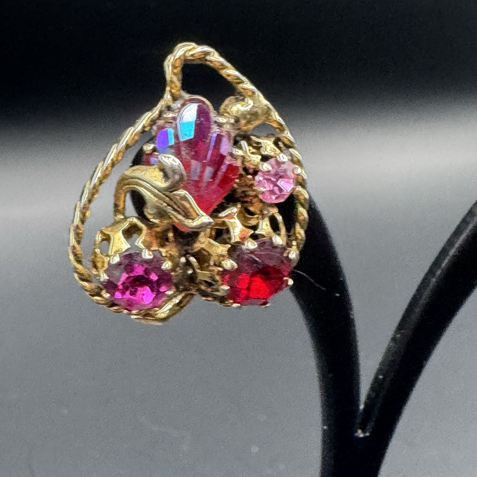 Vintage Austria Rhinestone Clip On Earrings - Hot Pink & Red - photo 5