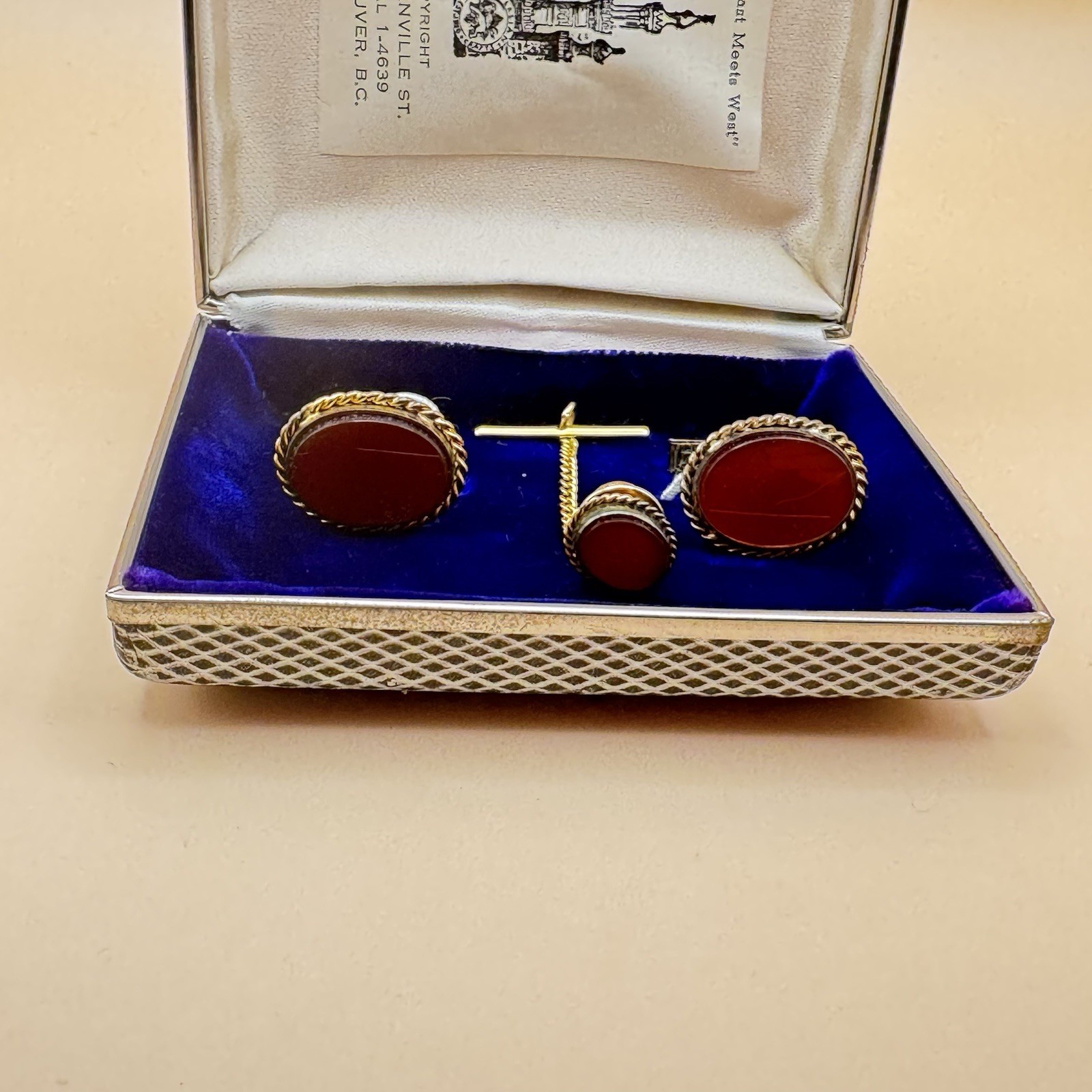 Vintage Sterling Vermeil Carnelian Cufflinks & Pin