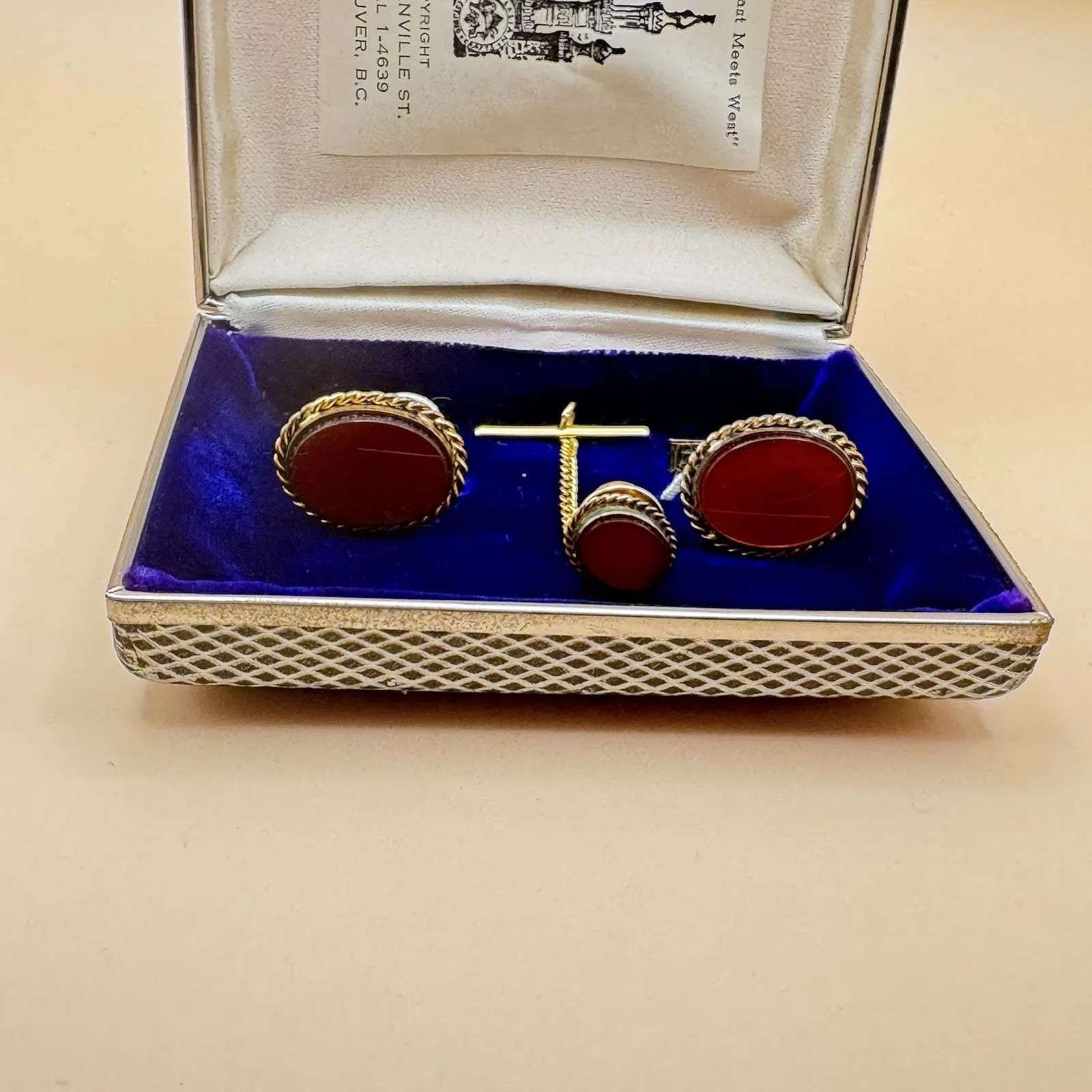 Vintage Sterling Vermeil Carnelian Cufflinks & Pin