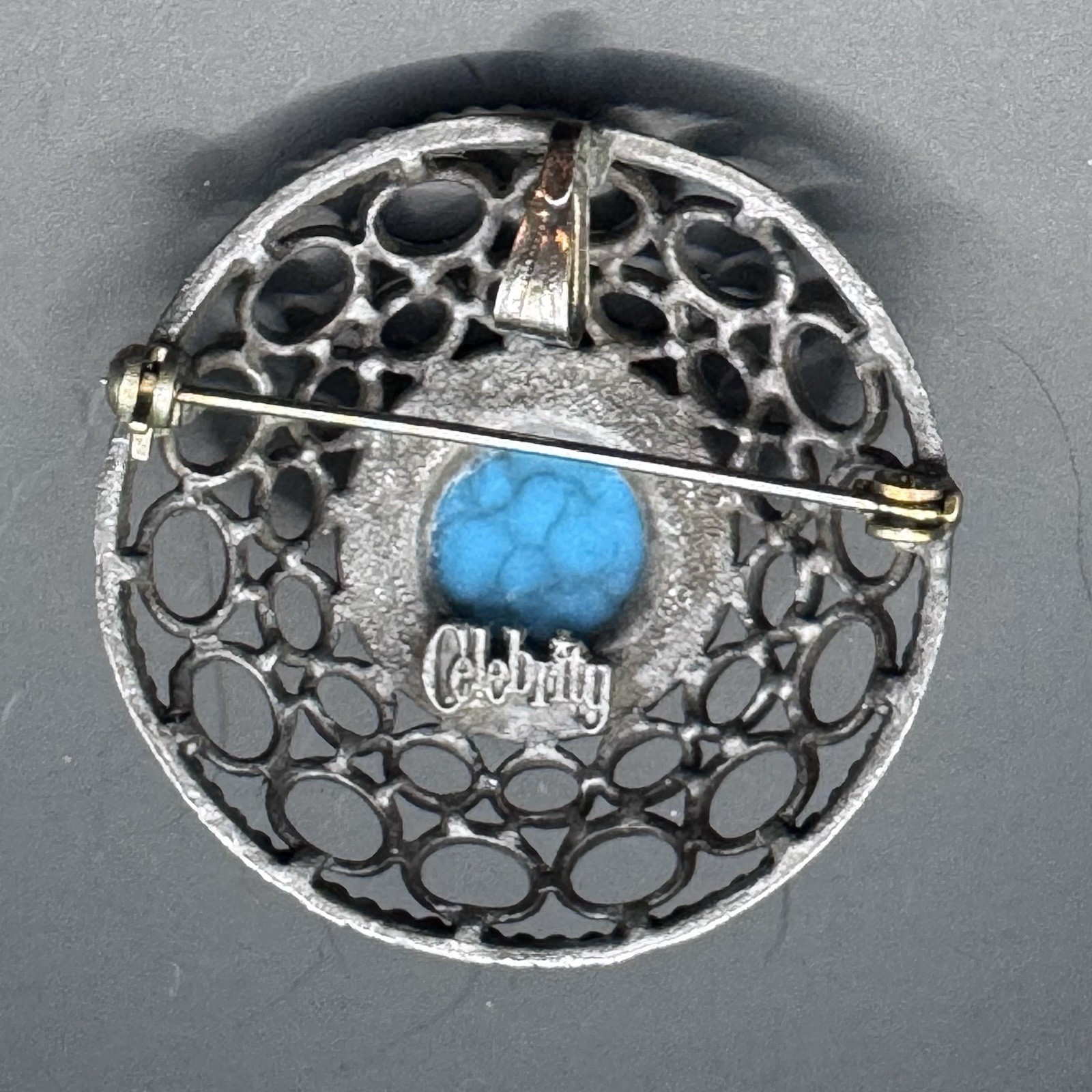 Vintage Signed Celebrity Pewter Faux Turquoise Brooch/Pendant - photo 3