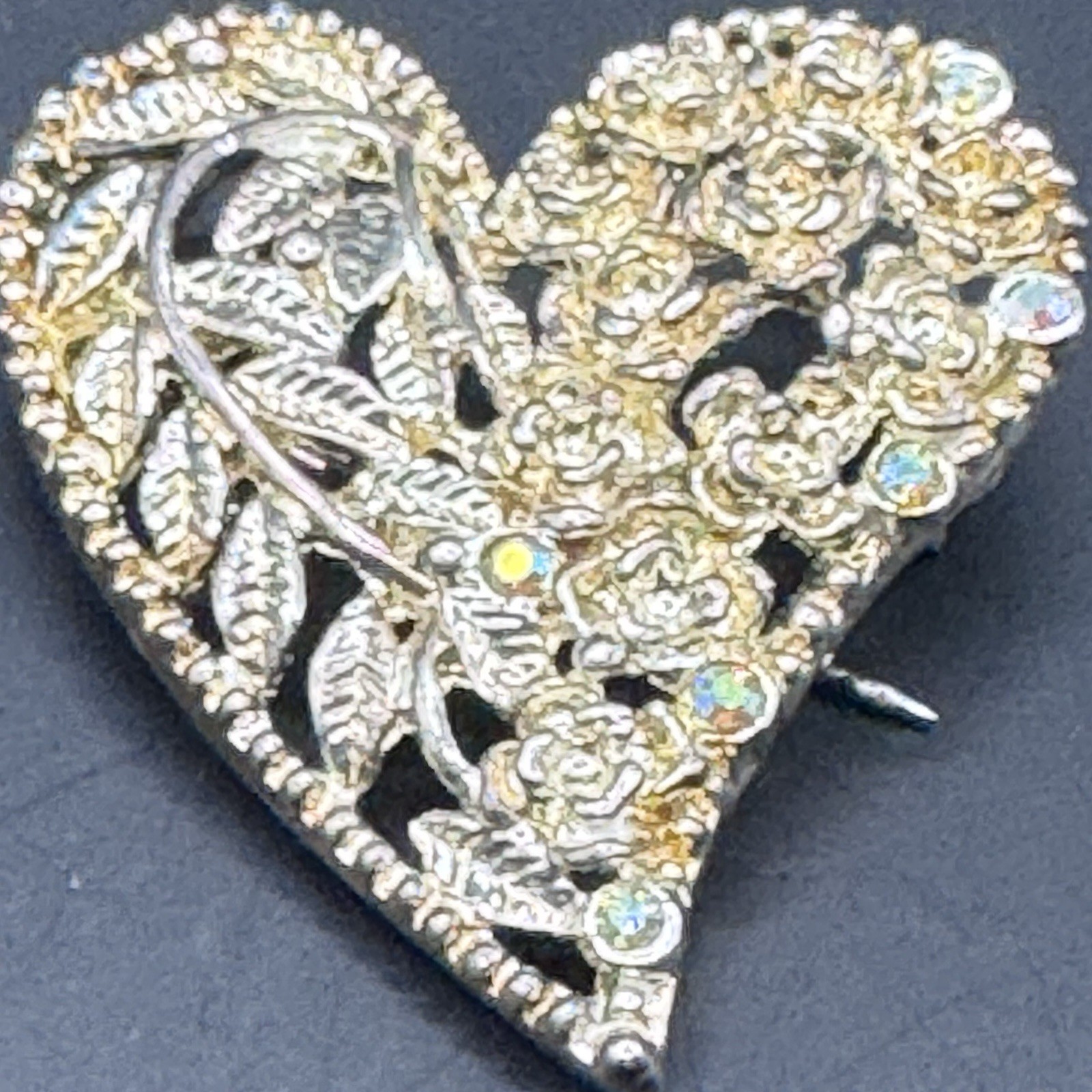 Vintage Gold Tone Rhinestone Heart Brooch