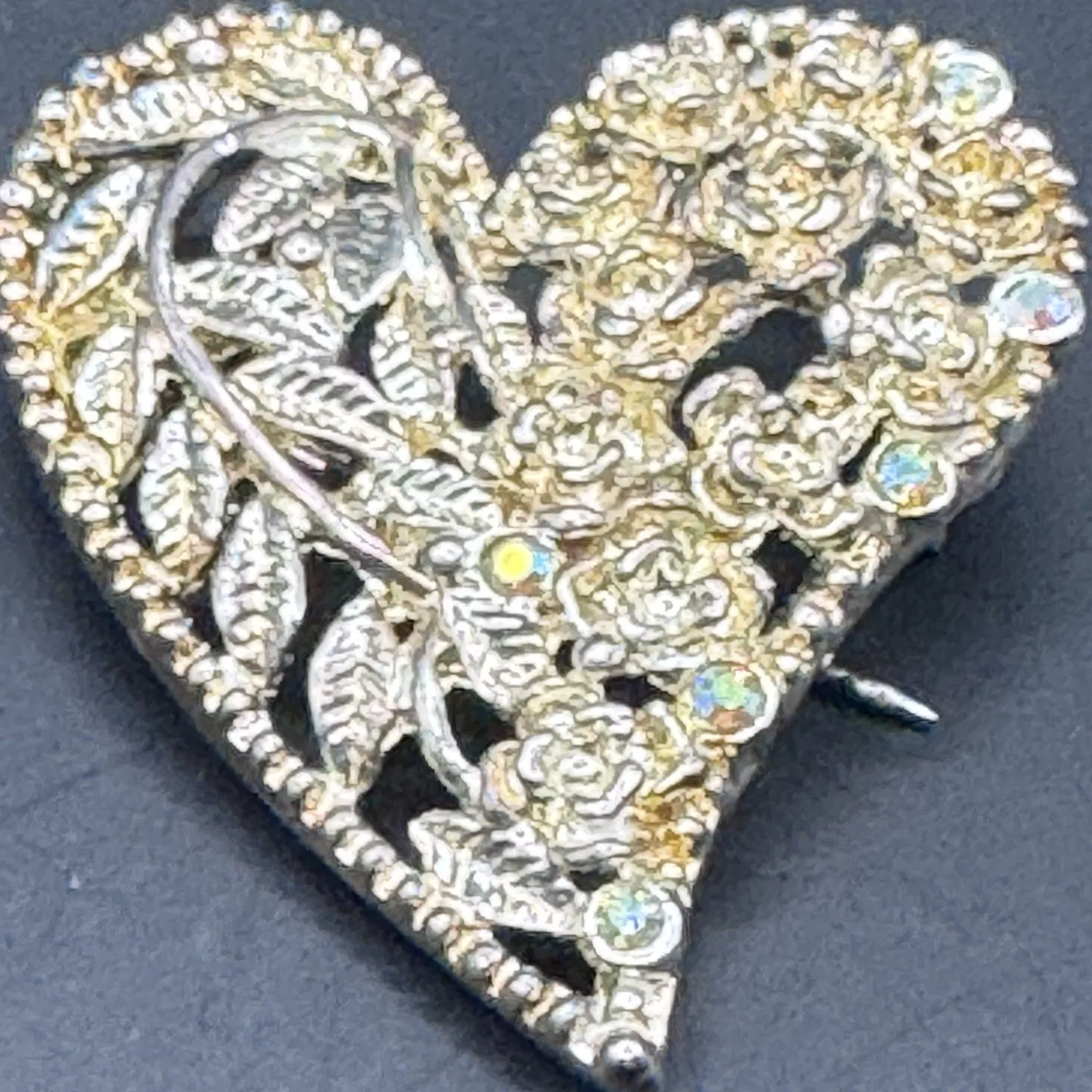 Vintage Gold Tone Rhinestone Heart Brooch