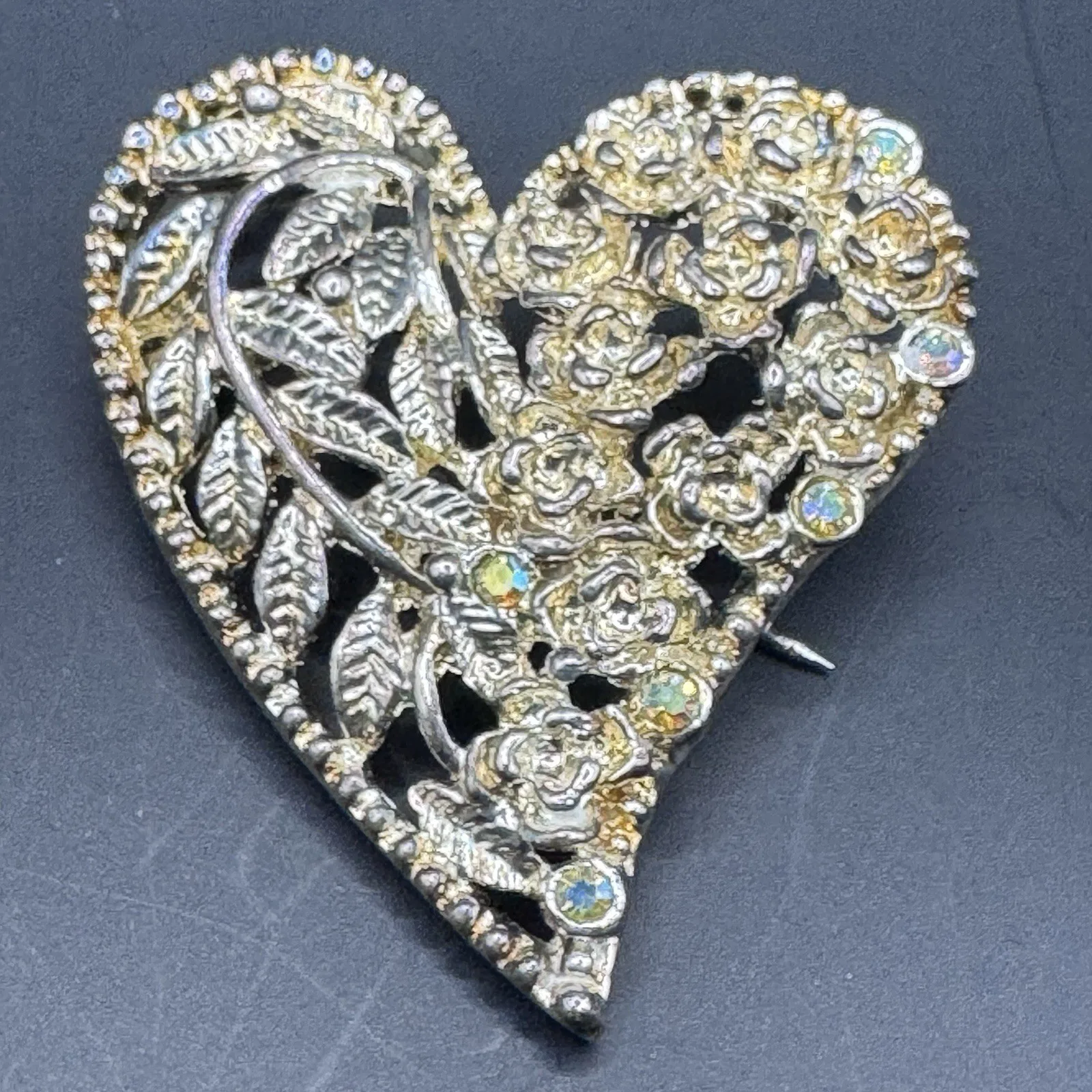 Vintage Gold Tone Rhinestone Heart Brooch - photo 2