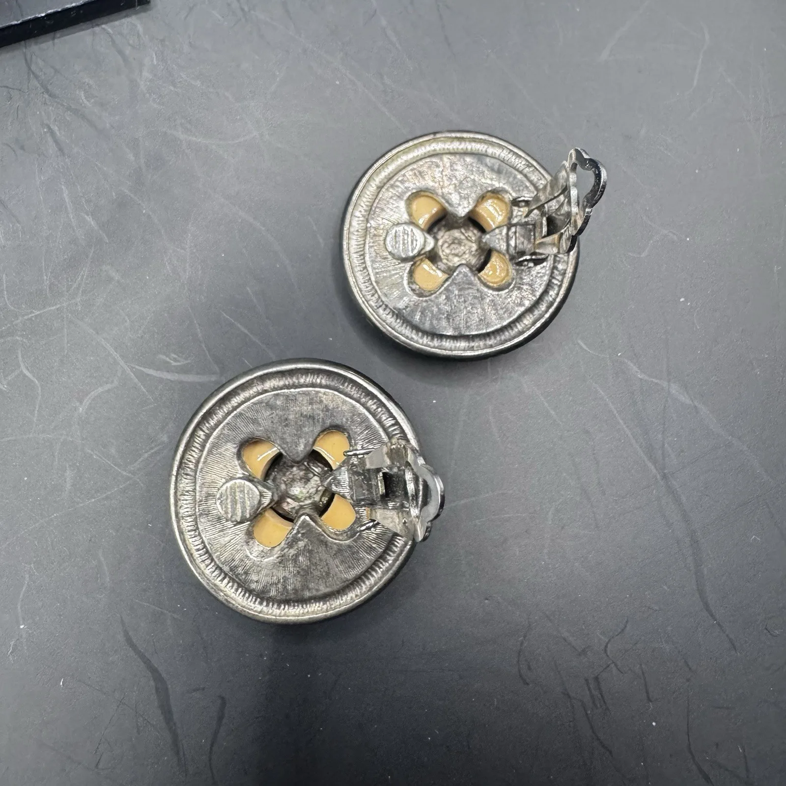 Large Round Cream Enamel Vintage Clip-On Earrings - photo 5