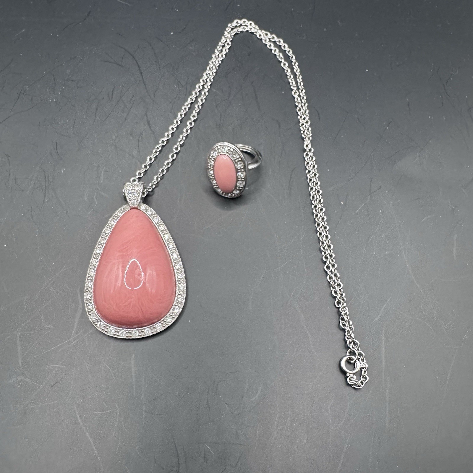 Avon "Pale Fire" 1973 Necklace & Ring Set - Pink Coral Rhineston
