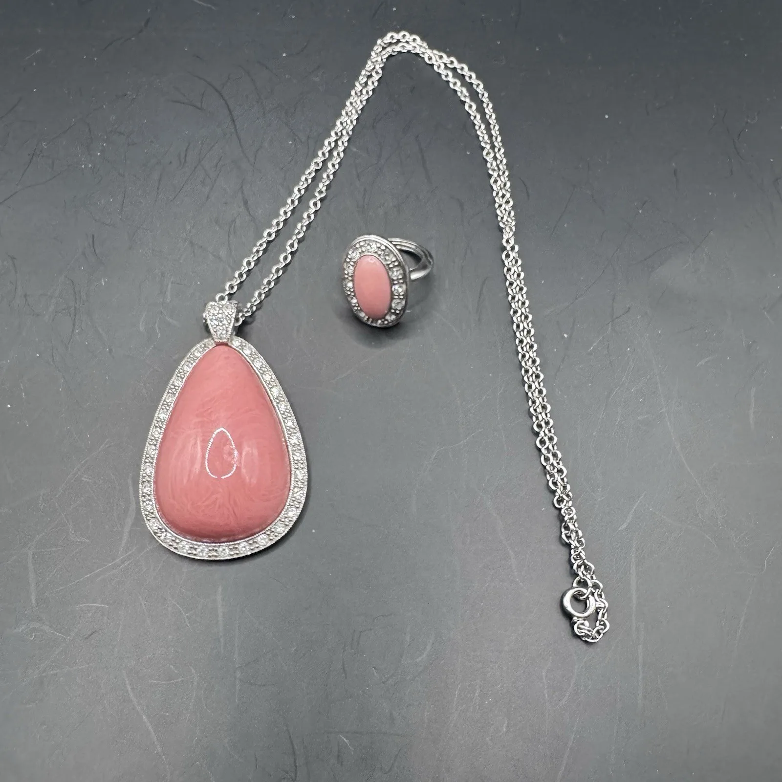 Avon "Pale Fire" 1973 Necklace & Ring Set - Pink Coral Rhineston