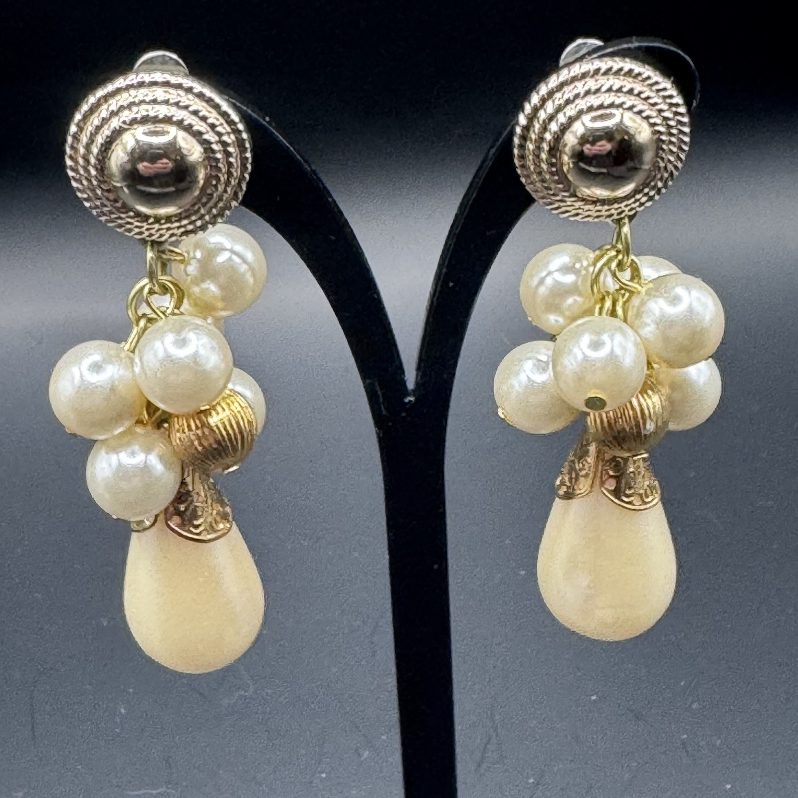 Large Gold Tone Faux Pearl Dangle Earrings