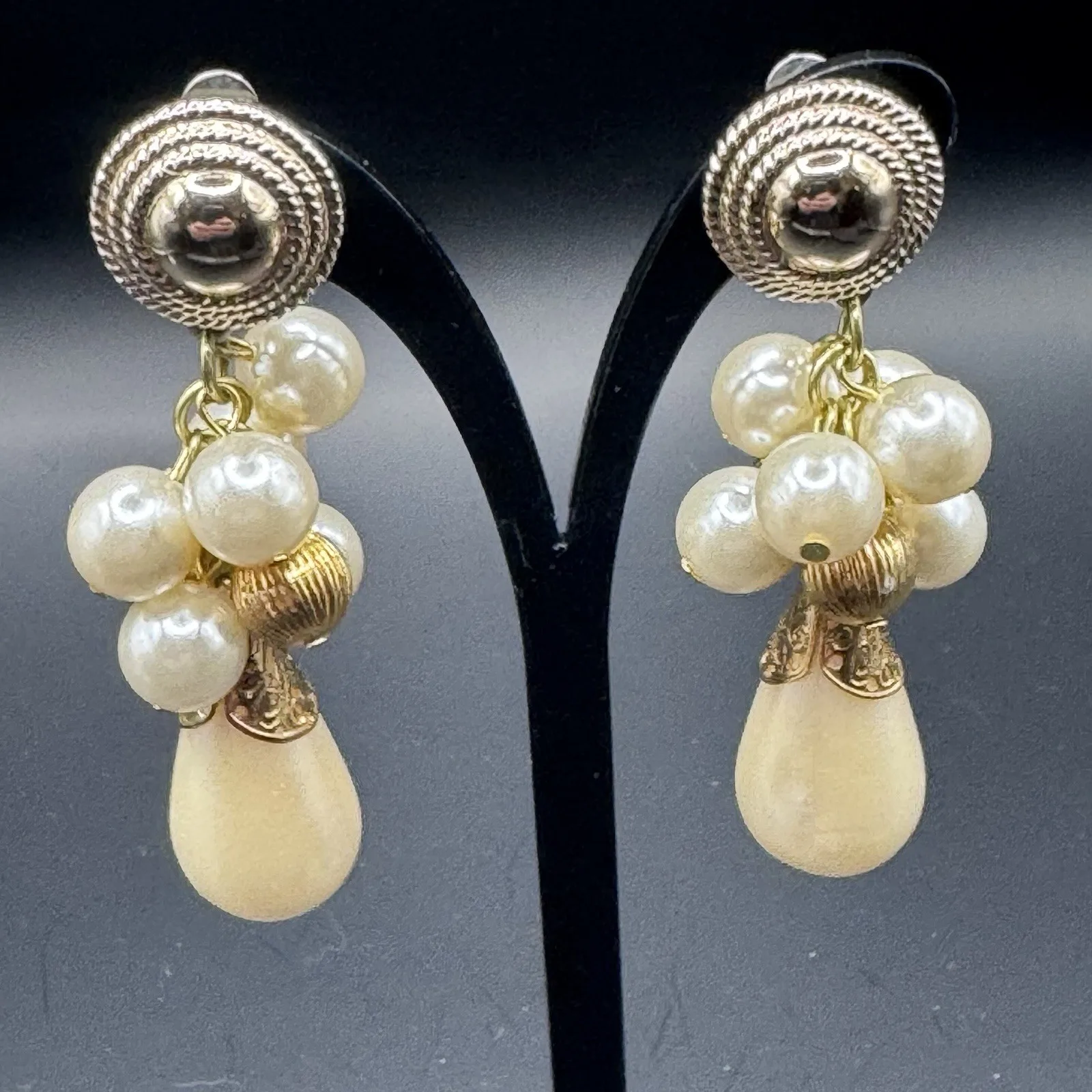 Large Gold Tone Faux Pearl Dangle Earrings