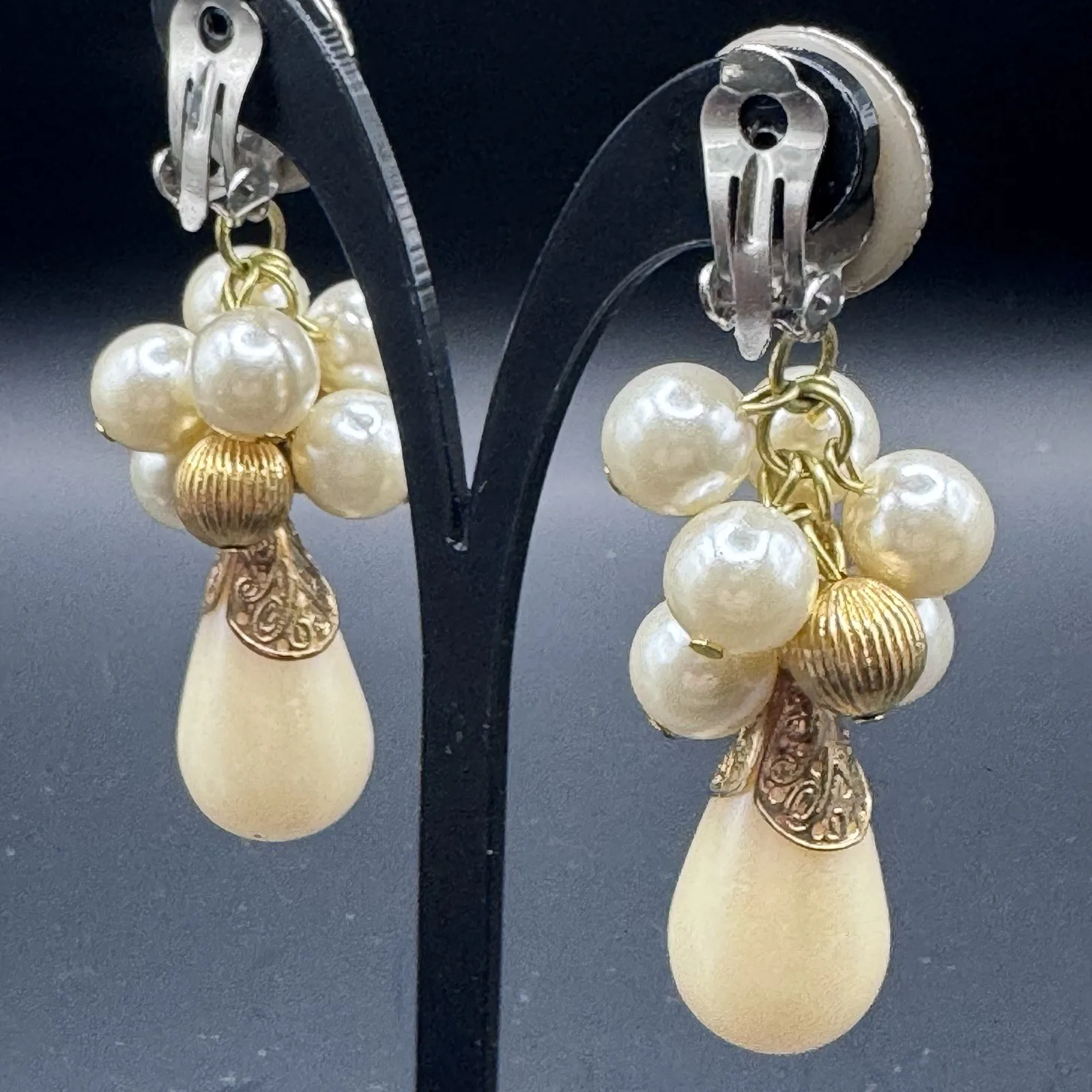 Large Gold Tone Faux Pearl Dangle Earrings - photo 2