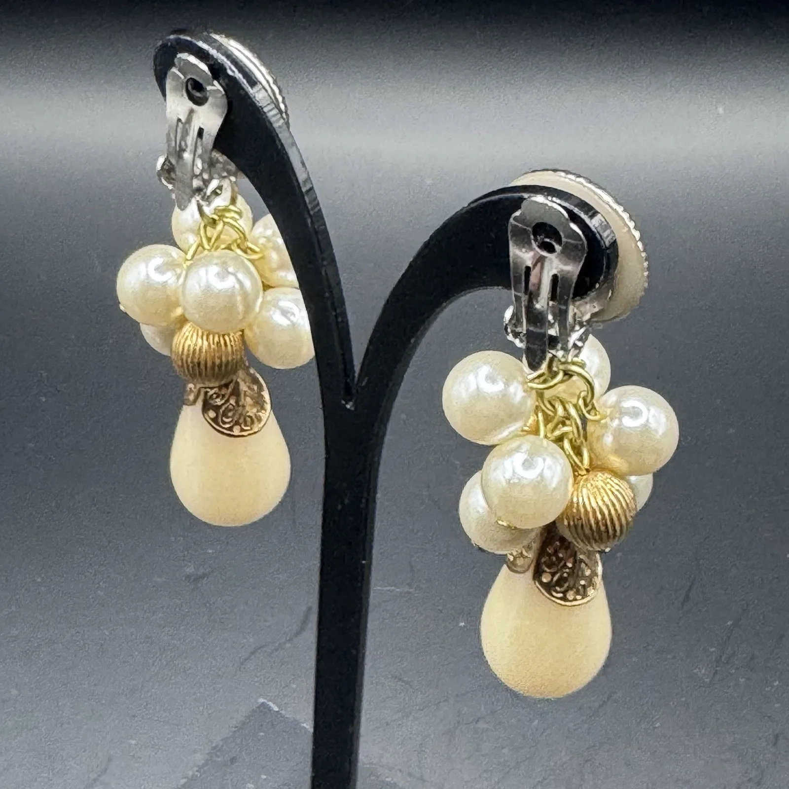 Large Gold Tone Faux Pearl Dangle Earrings - photo 3
