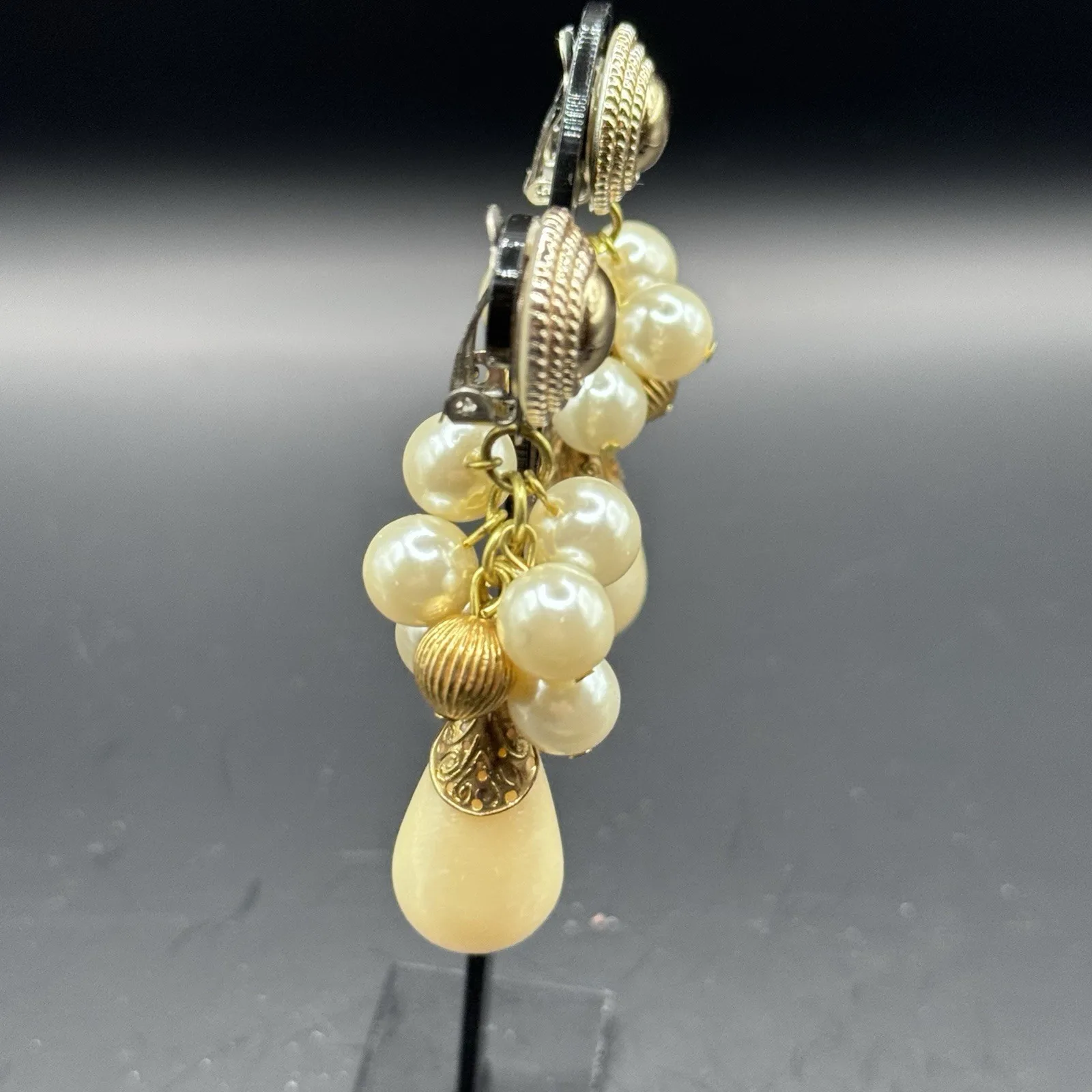 Large Gold Tone Faux Pearl Dangle Earrings - photo 4