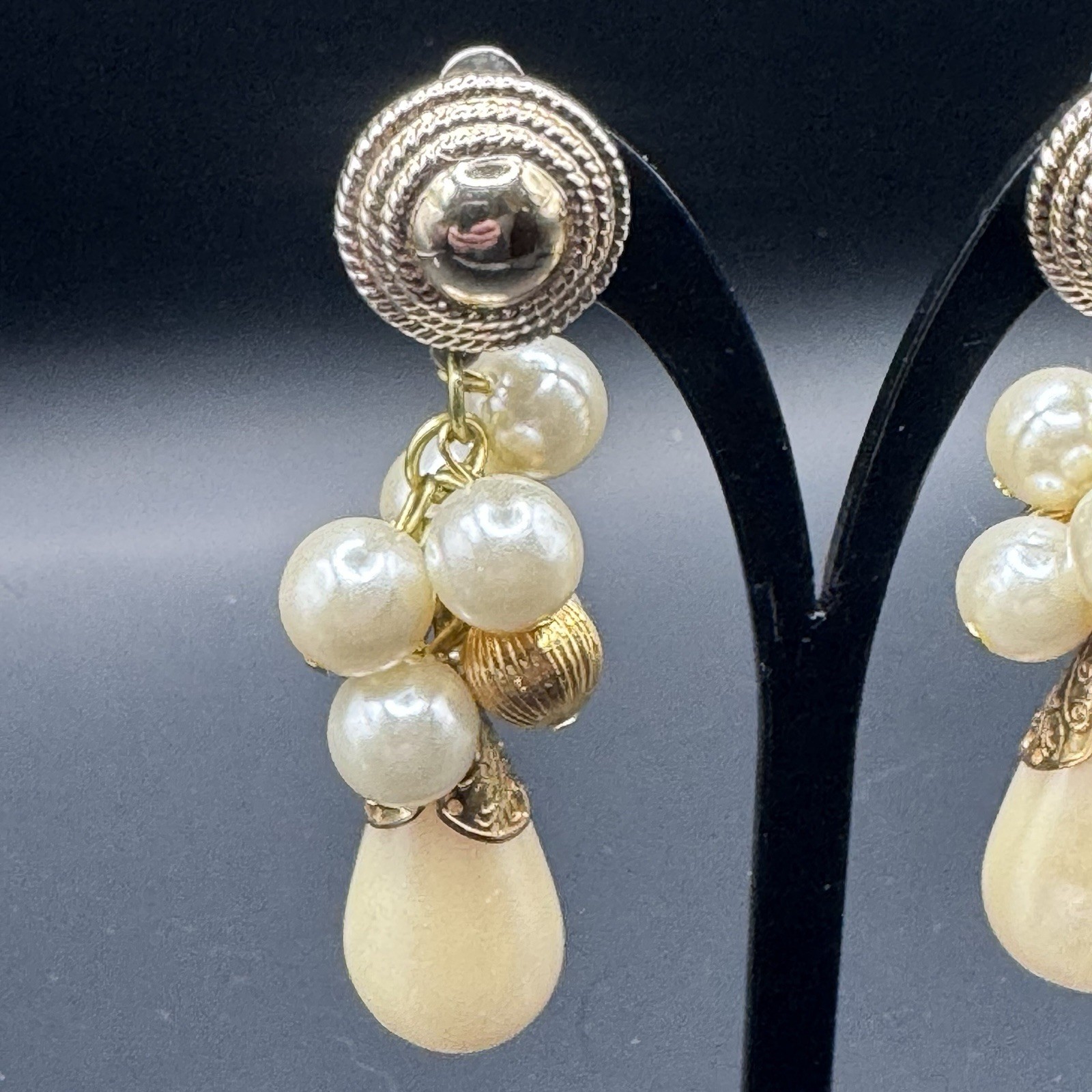 Large Gold Tone Faux Pearl Dangle Earrings - photo 5