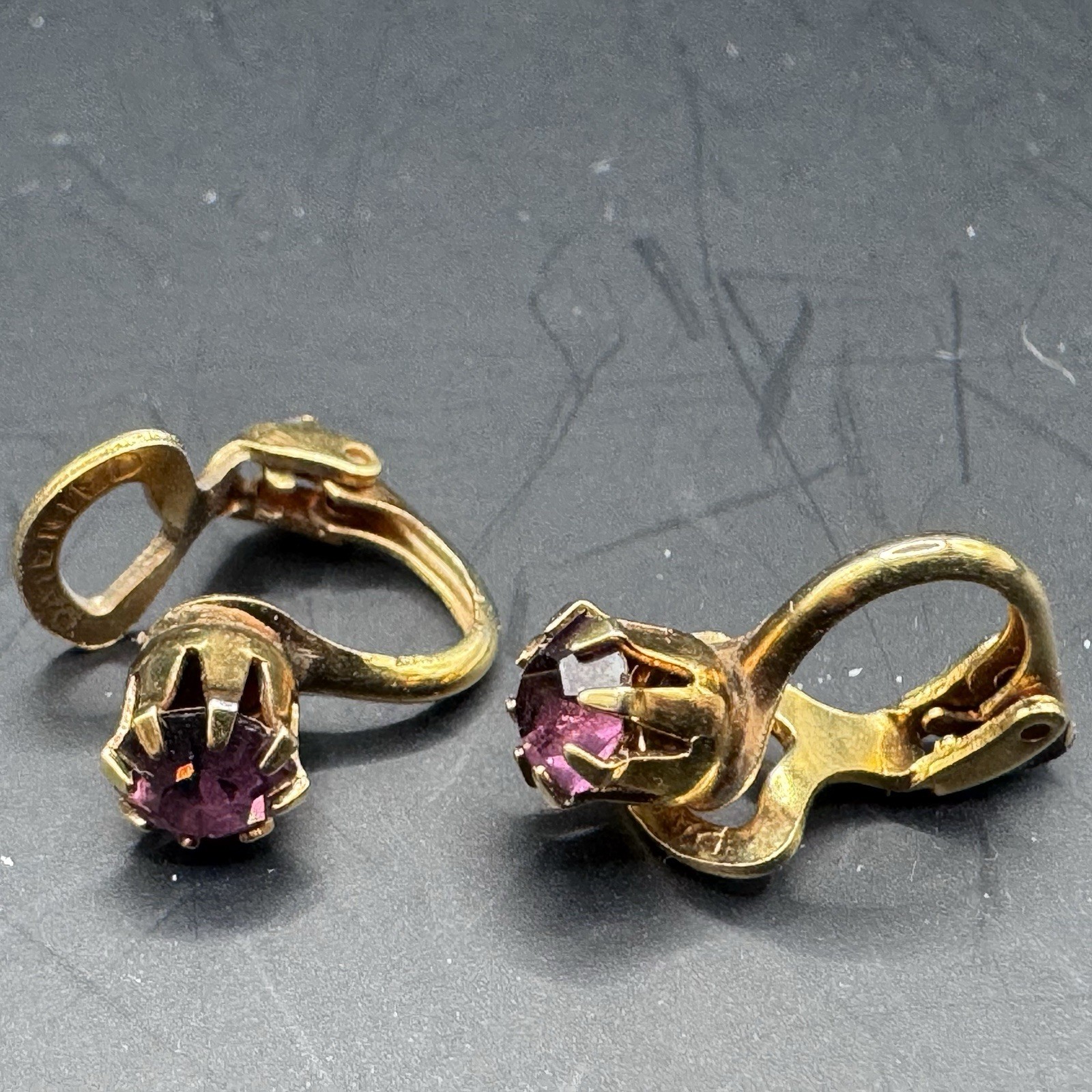 Vintage Tiny Purple Crystal & Gold Tone Clip-On Earrings