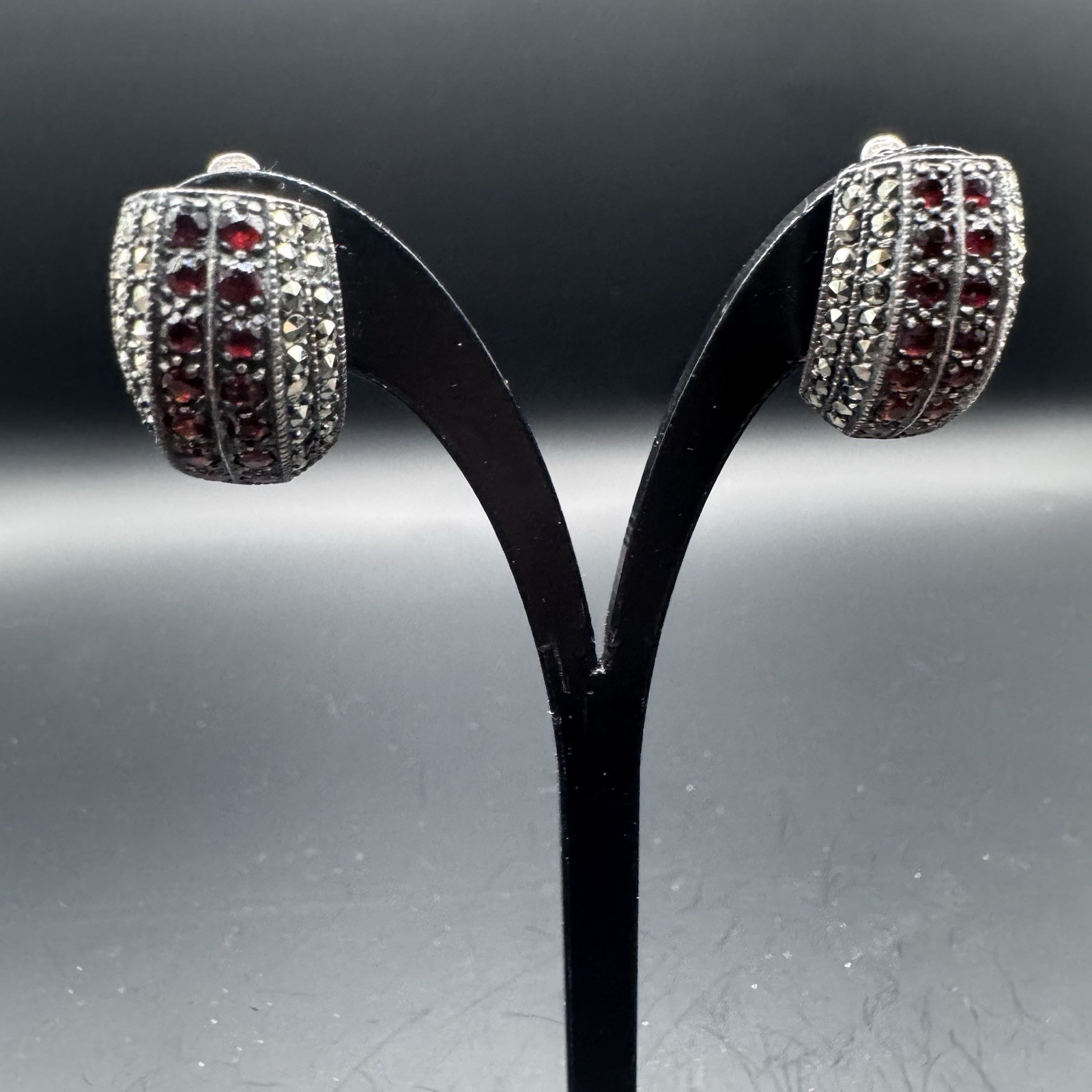 Vintage Marquisite & Red Rhinestone Clip-On Earrings (925)