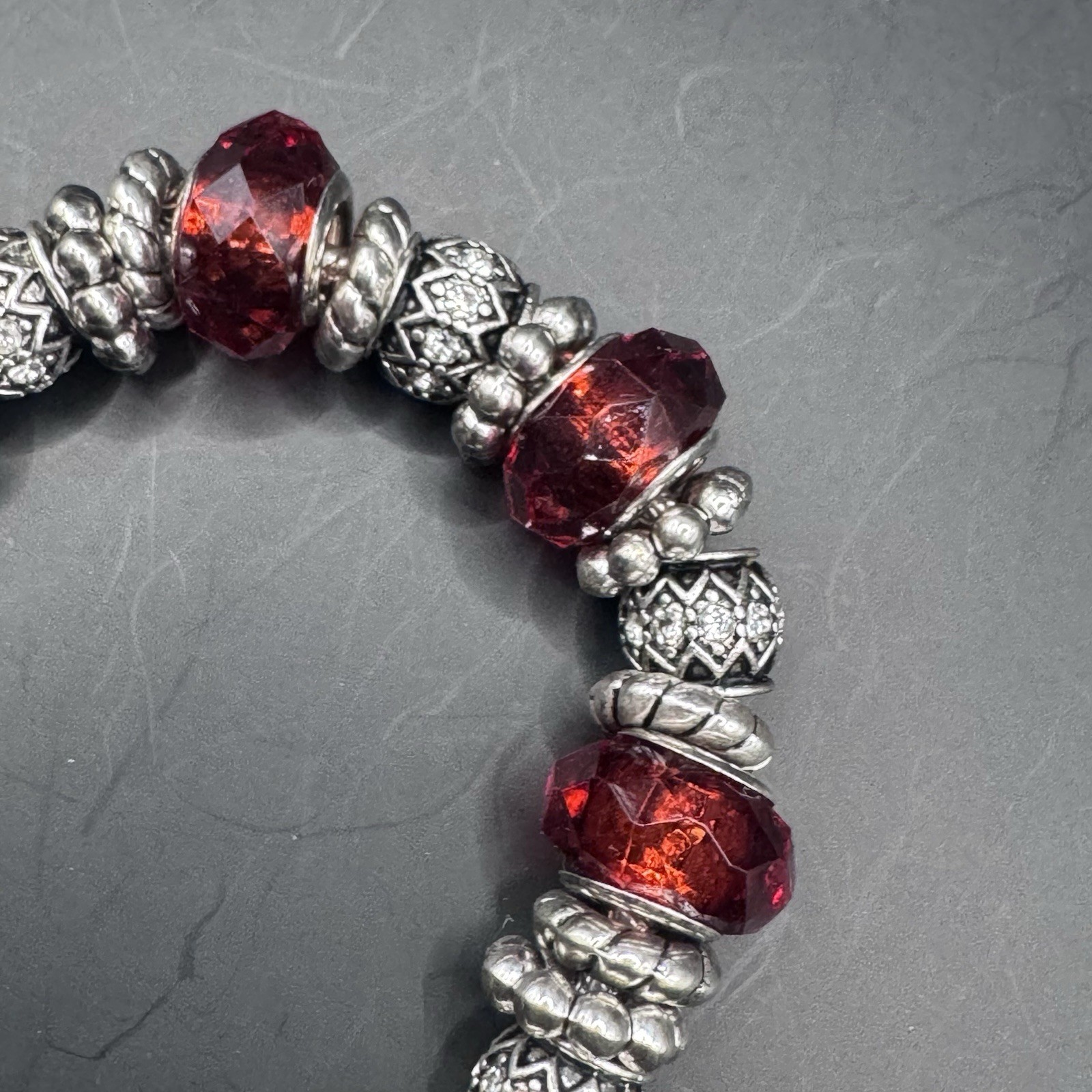 Vintage beaded bracelet red/orange and silver beads, lobster cla