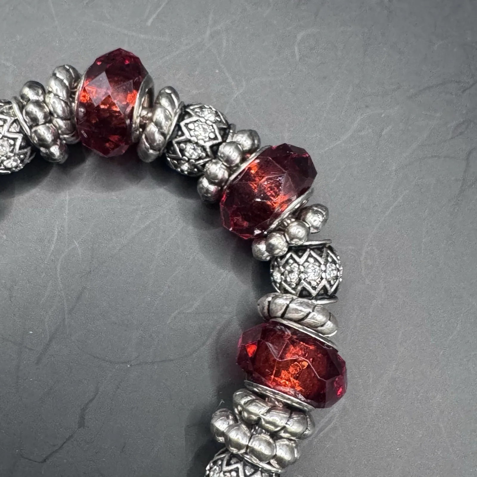 Vintage beaded bracelet red/orange and silver beads, lobster cla