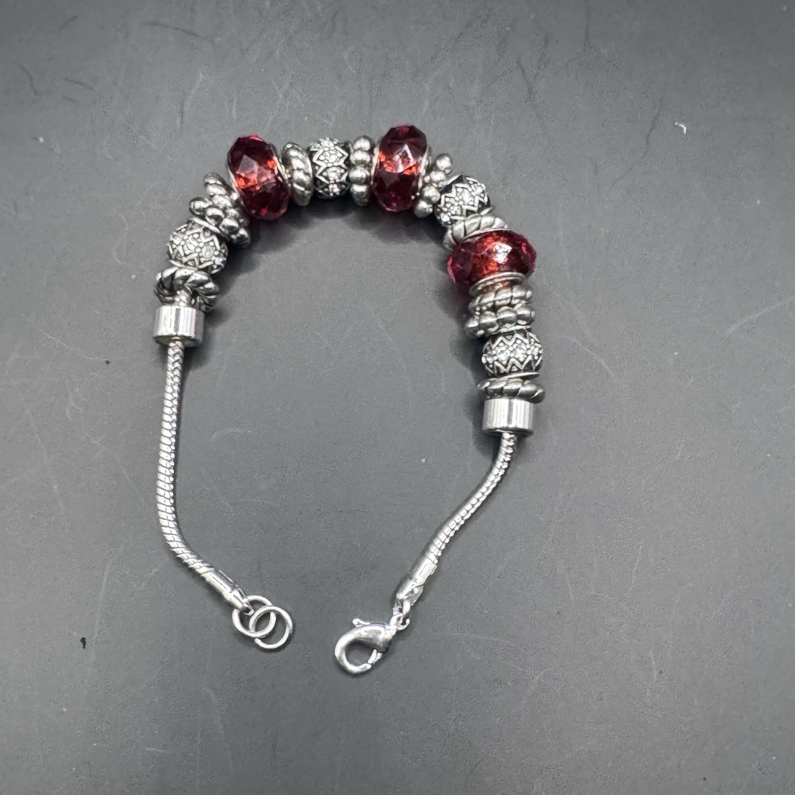 Vintage beaded bracelet red/orange and silver beads, lobster cla - photo 3