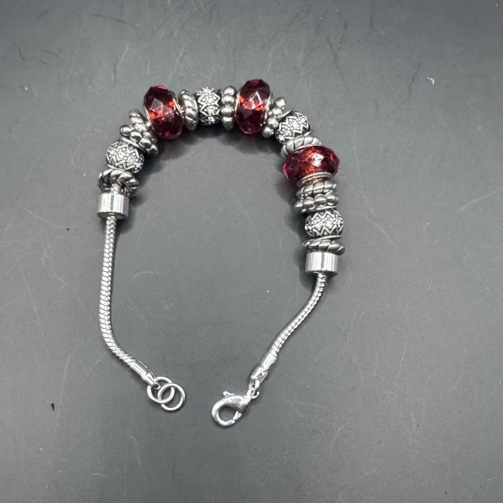 Vintage beaded bracelet red/orange and silver beads, lobster cla - photo 3